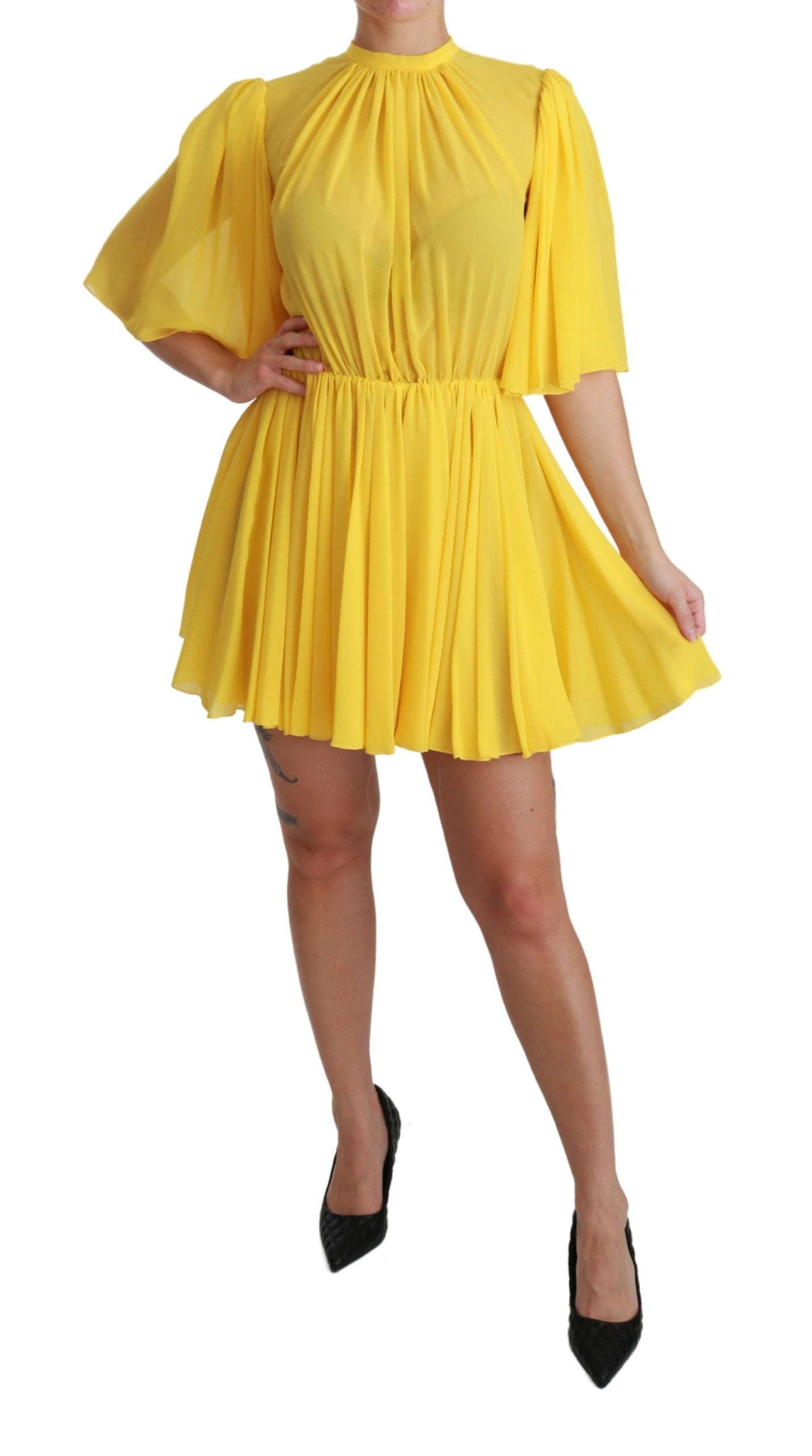 Dolce &amp; Gabbana Yellow Pleated A-line Mini 100% Silk Dress