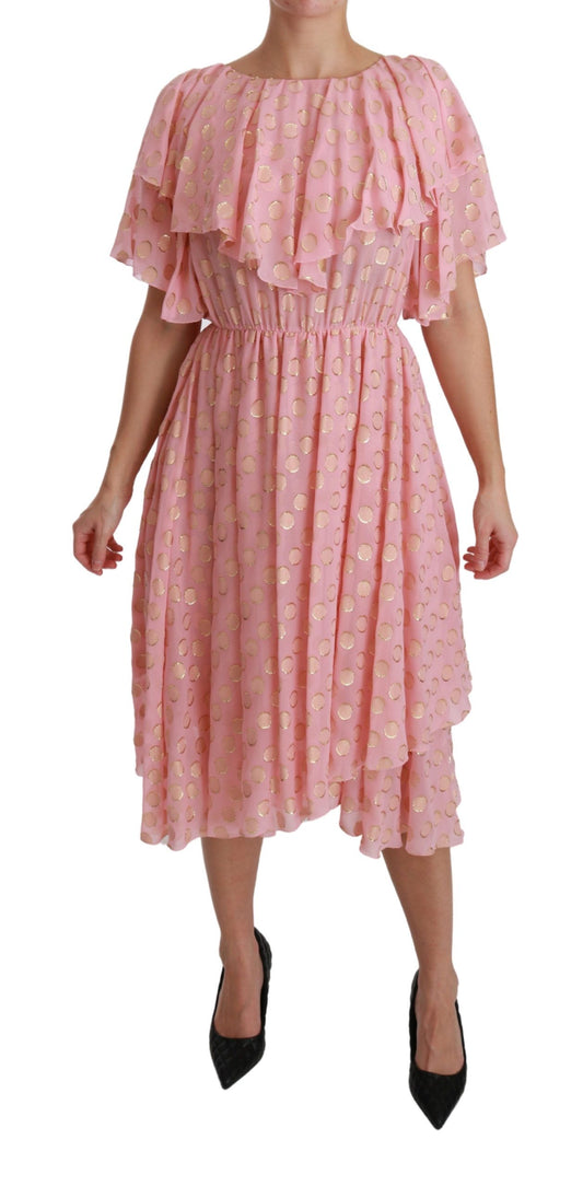 Dolce &amp; Gabbana Silk Pink Polka Dots Pleated A-line Midi Dress