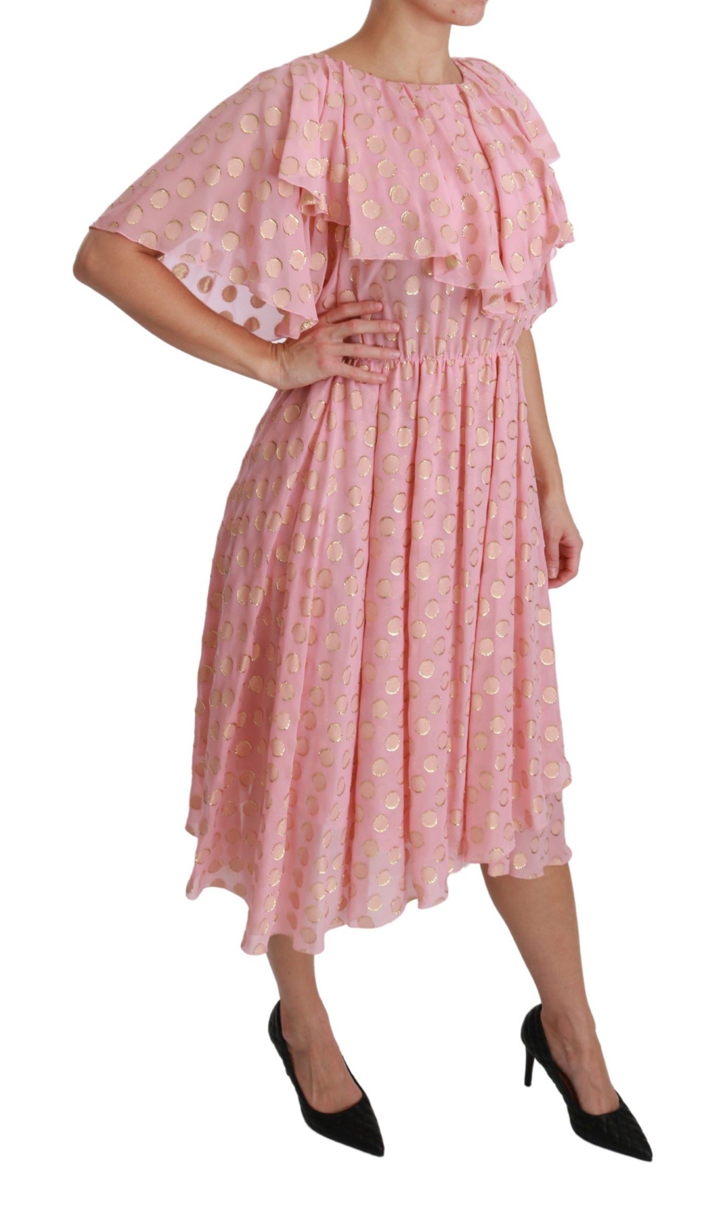 Dolce &amp; Gabbana Silk Pink Polka Dots Pleated A-line Midi Dress