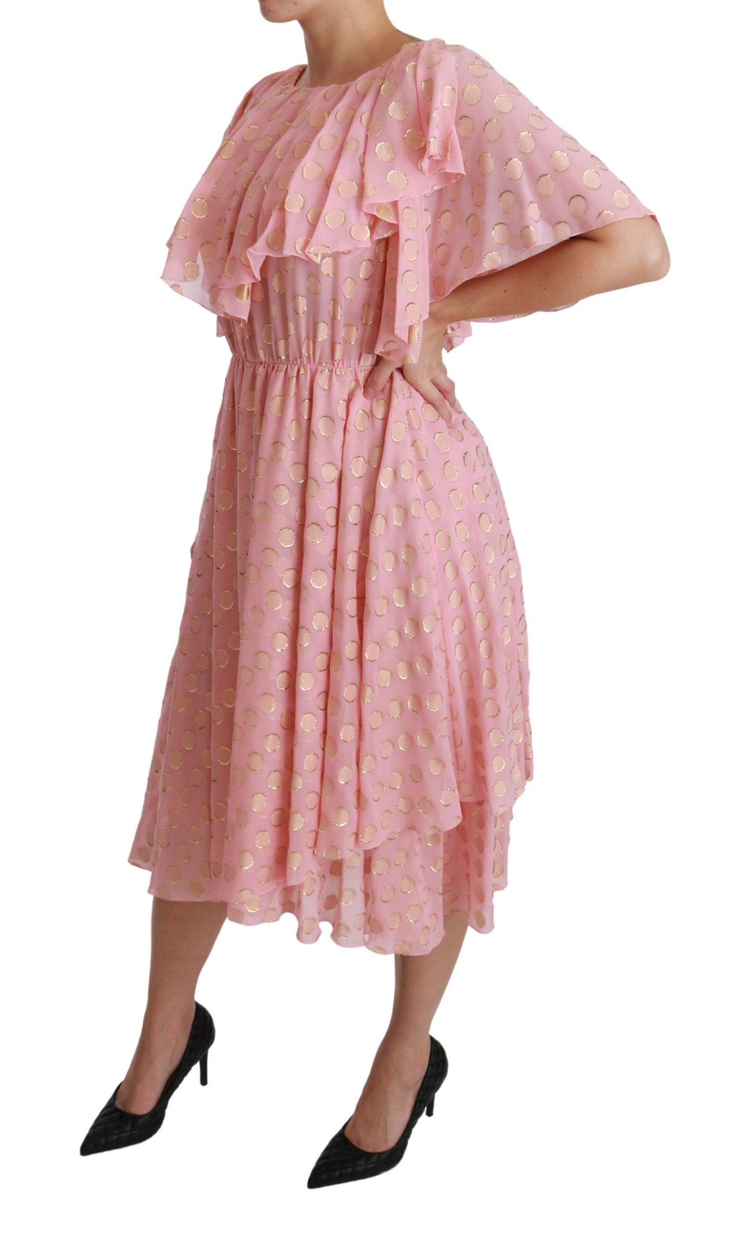 Dolce &amp; Gabbana Silk Pink Polka Dots Pleated A-line Midi Dress