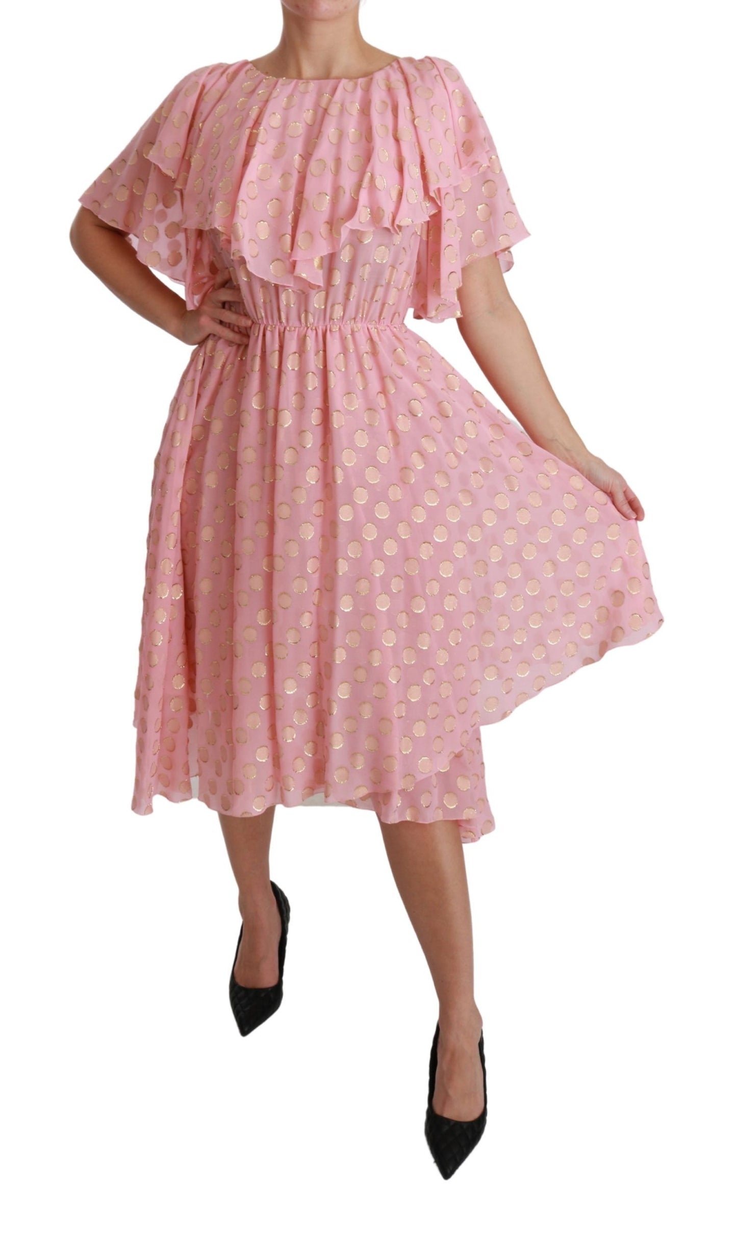 Dolce &amp; Gabbana Silk Pink Polka Dots Pleated A-line Midi Dress