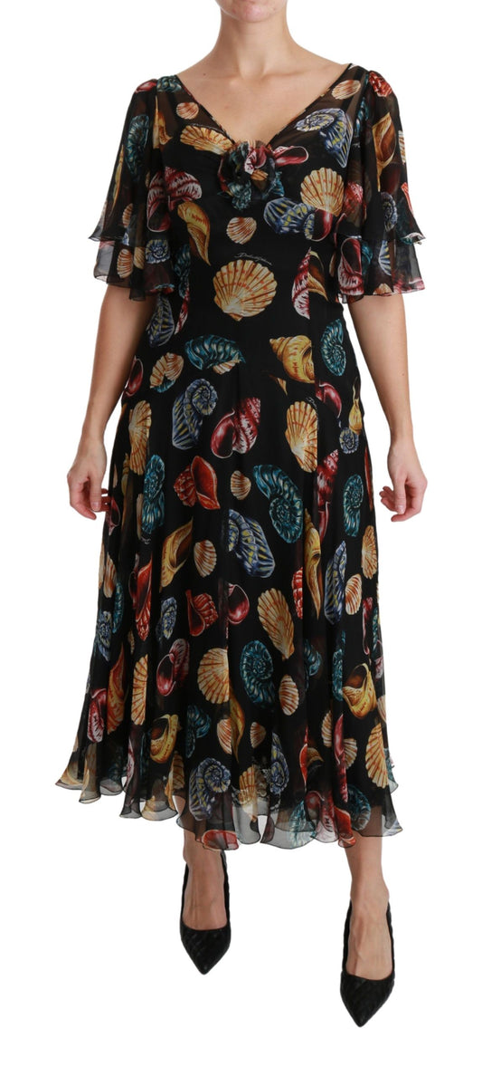 Dolce &amp; Gabbana Black Sea Shells Maxi A-line Midi Silk Dress