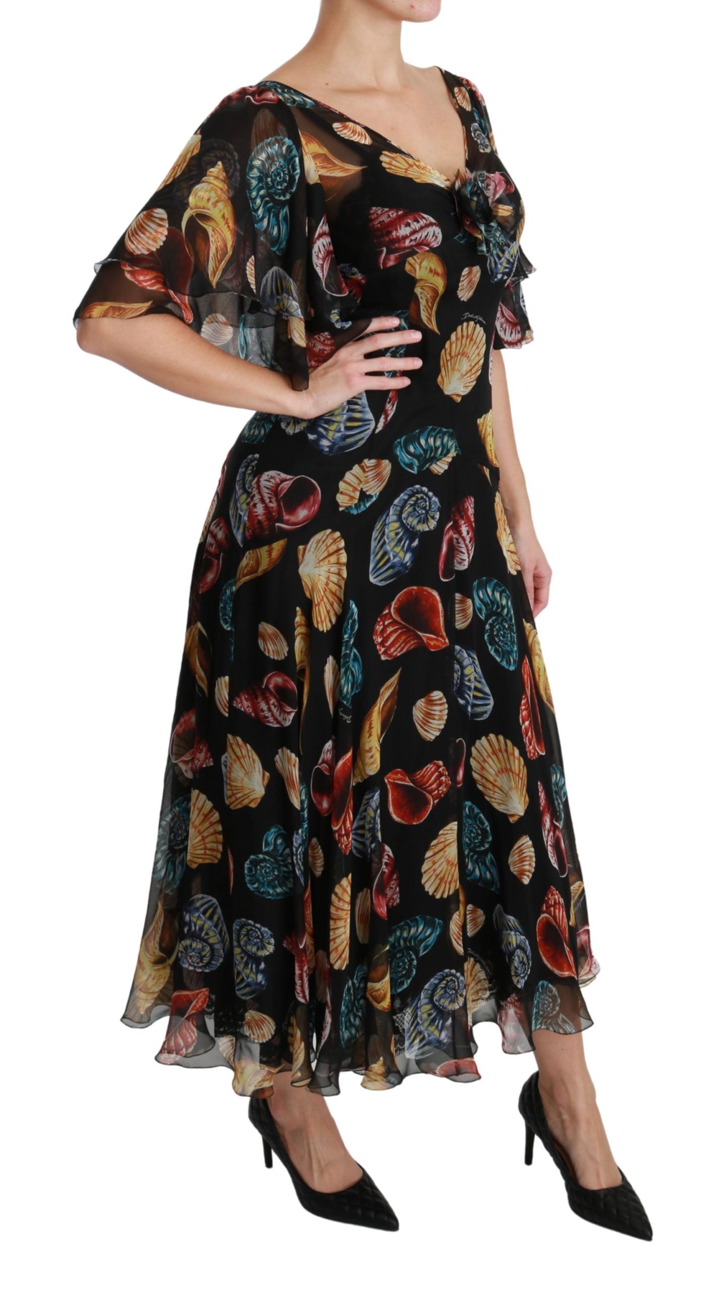 Dolce &amp; Gabbana Black Sea Shells Maxi A-line Midi Silk Dress