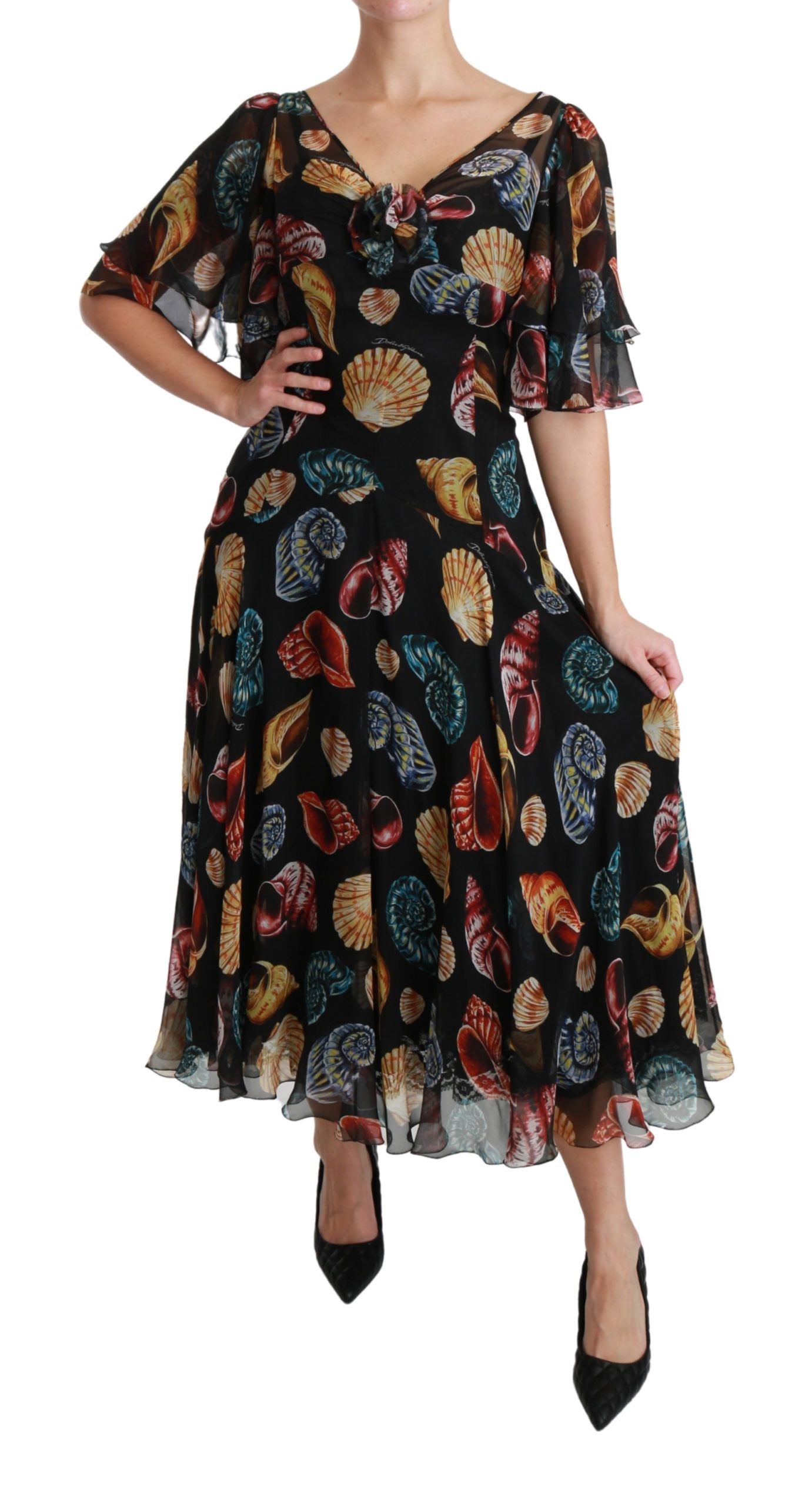 Dolce &amp; Gabbana Maxi-Midi-Seidenkleid in A-Linie mit schwarzen Muscheln