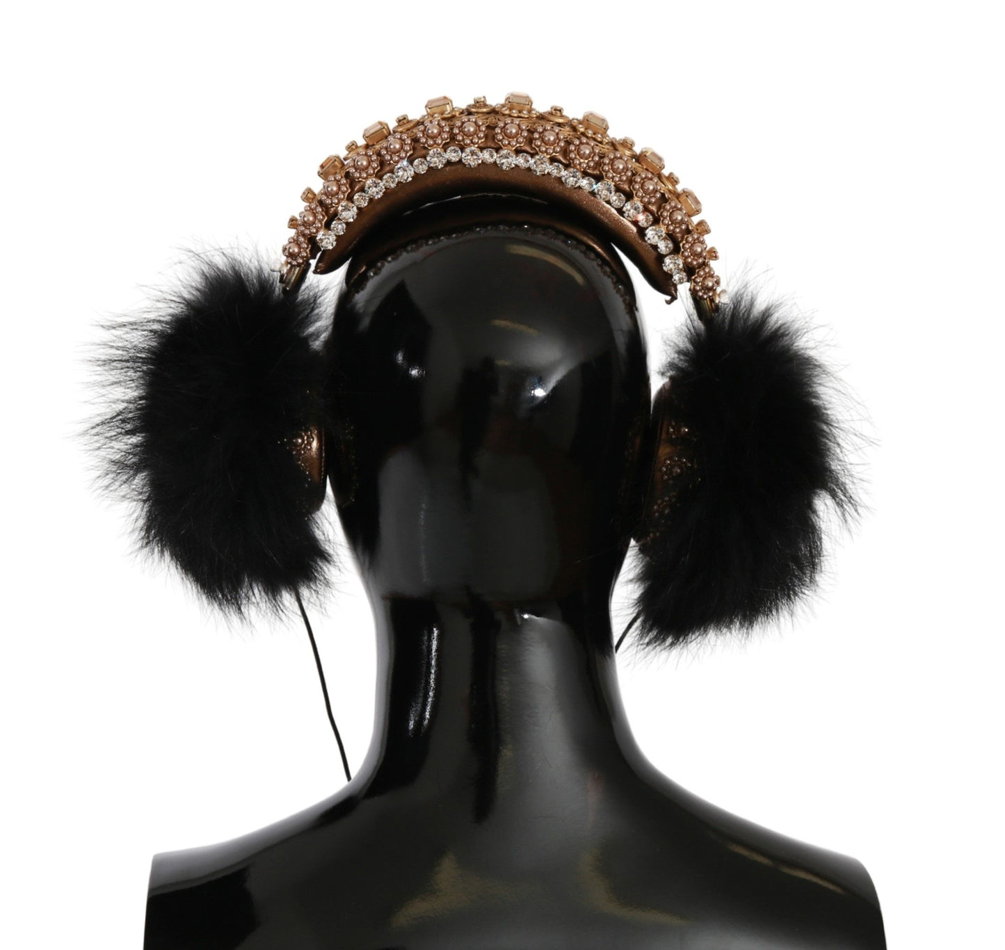 Dolce &amp; Gabbana Gold Black Crystal Fur Headset Audio Headphones