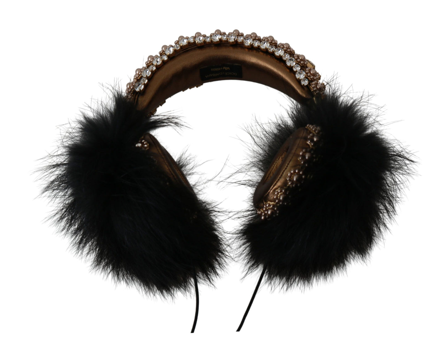 Dolce &amp; Gabbana Gold Black Crystal Fur Headset Audio Headphones