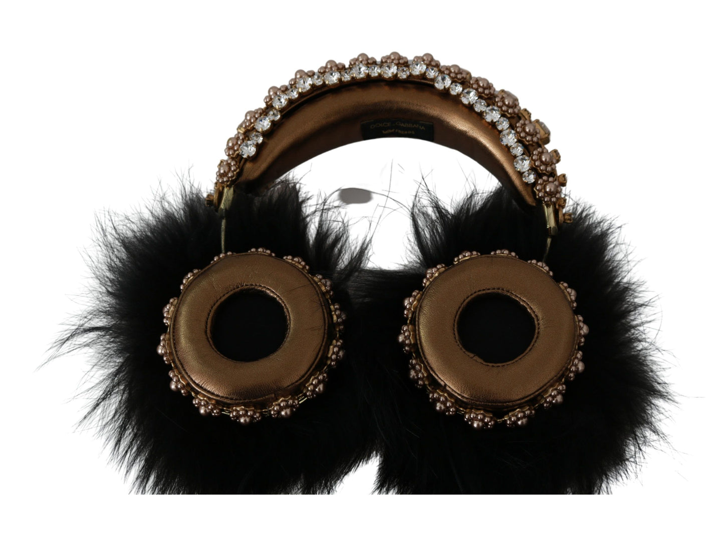 Dolce &amp; Gabbana Gold Black Crystal Fur Headset Audio Headphones