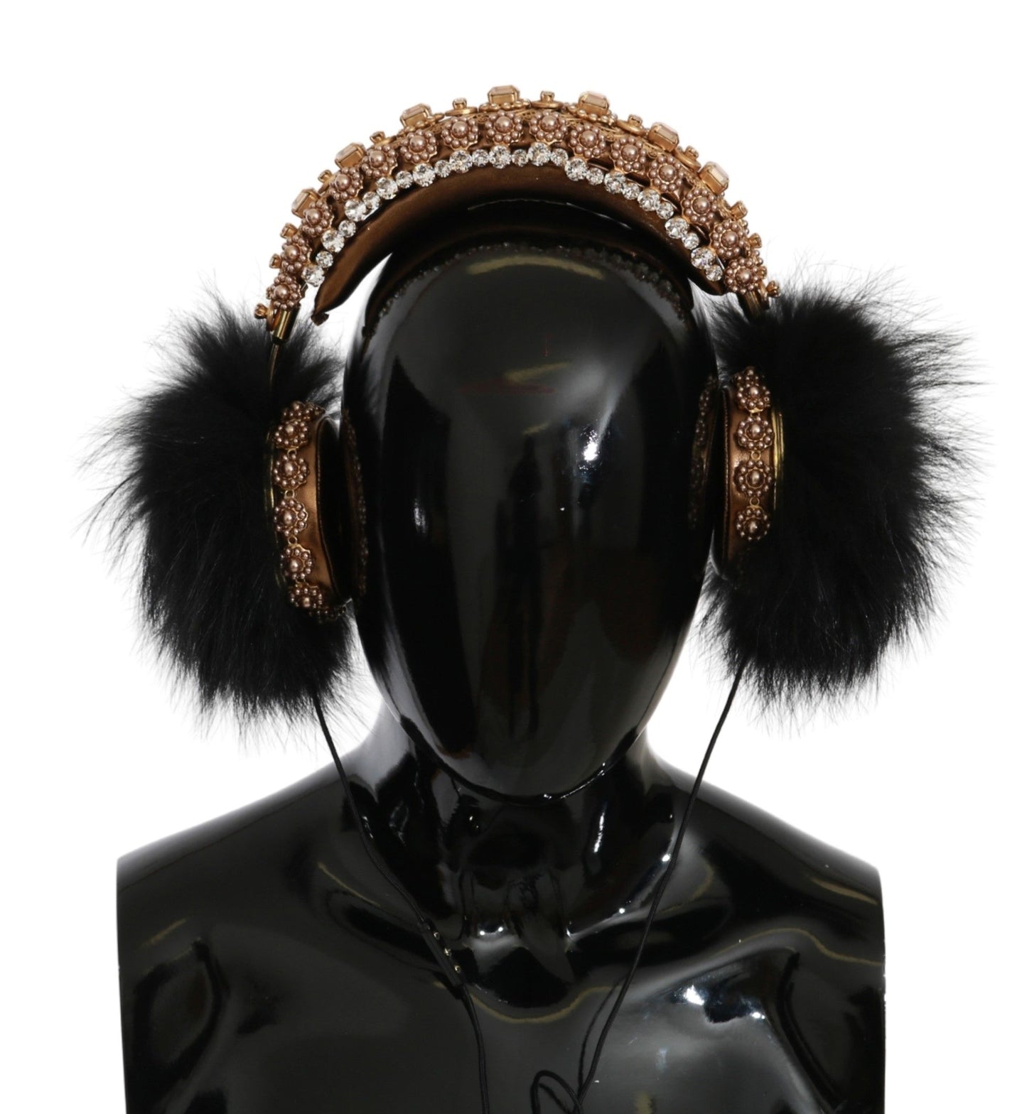 Dolce &amp; Gabbana Gold Black Crystal Fur Headset Audio-Kopfhörer