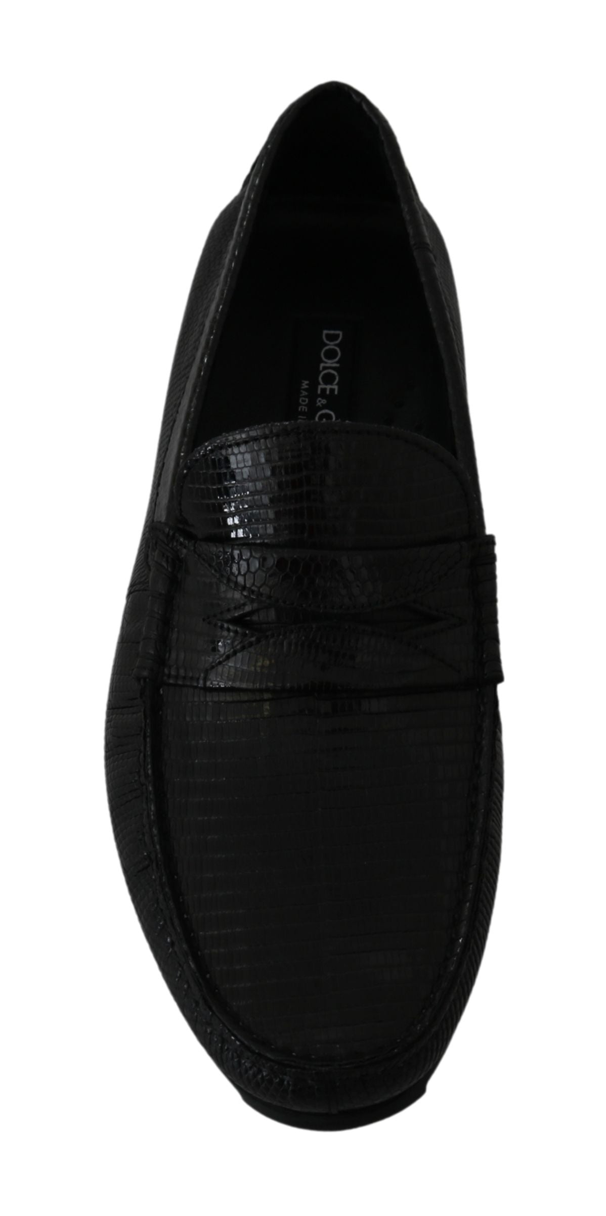 Dolce &amp; Gabbana Black Lizard Leather Flat Loafers Shoes