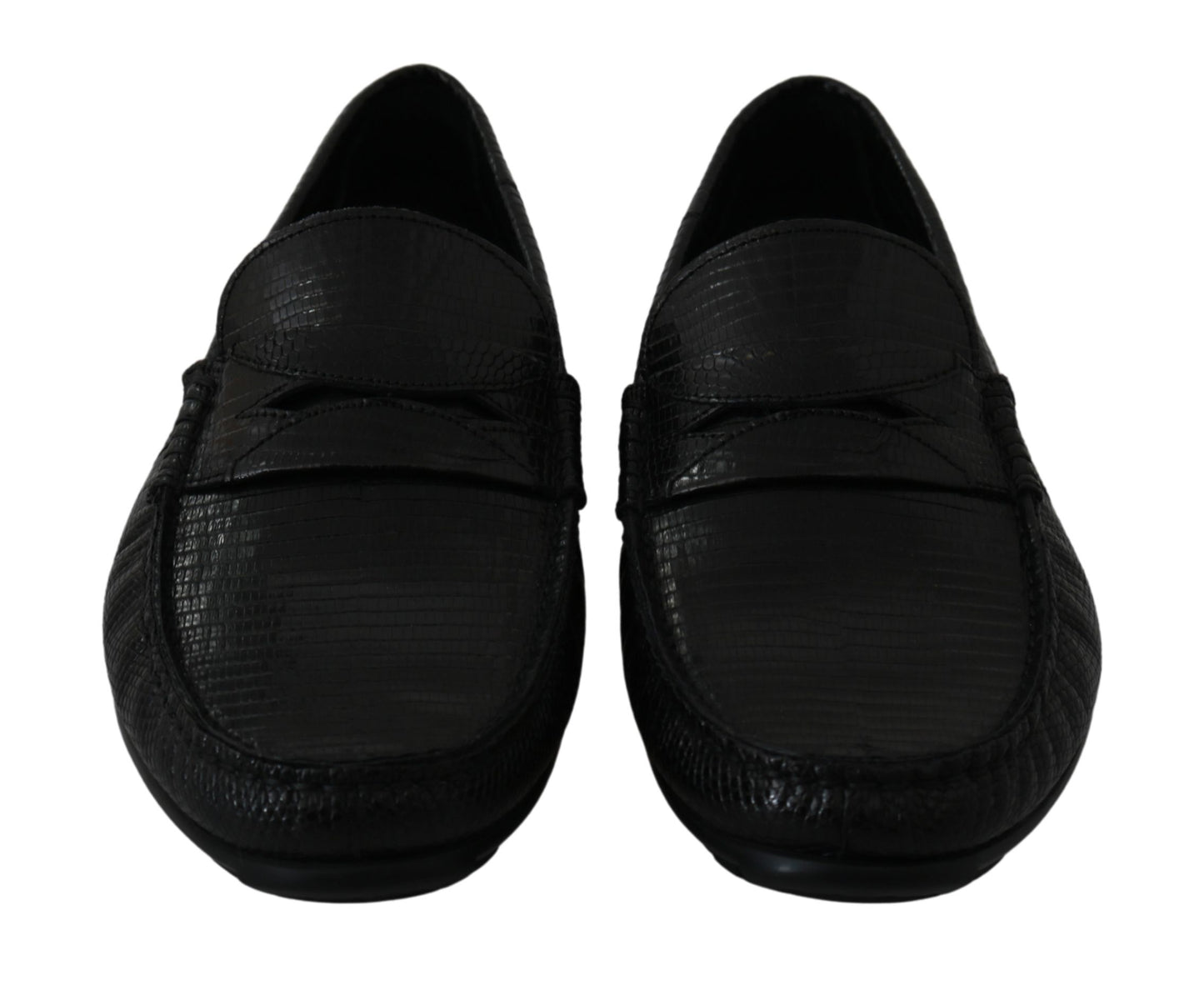 Dolce &amp; Gabbana Black Lizard Leather Flat Loafers Shoes