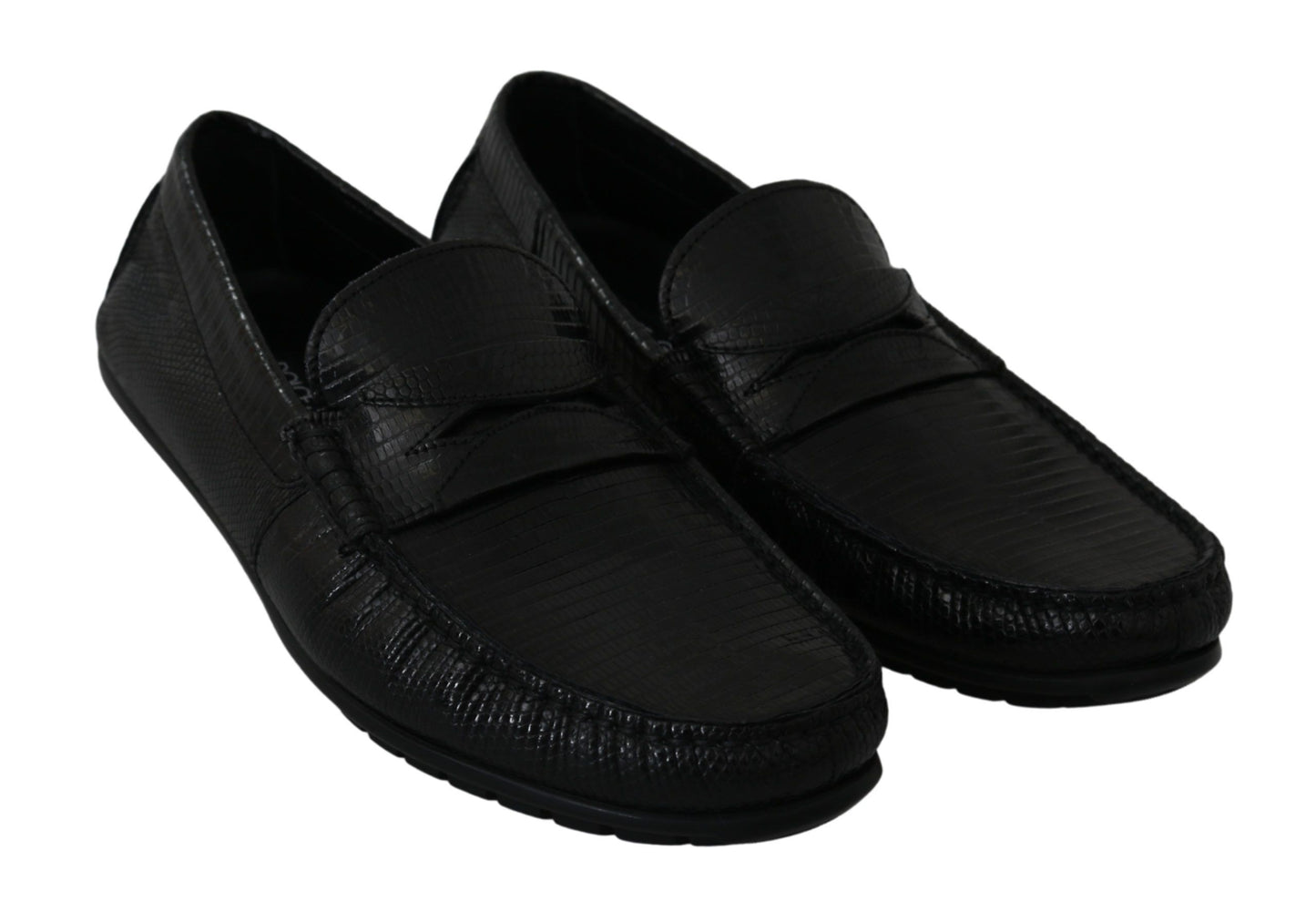 Dolce &amp; Gabbana Black Lizard Leather Flat Loafers Shoes