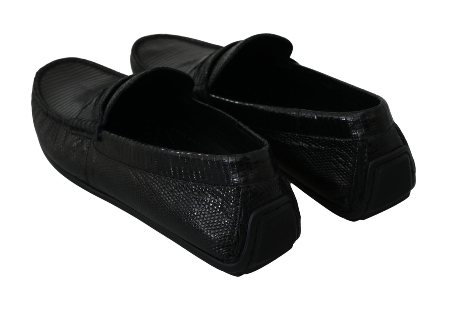 Dolce &amp; Gabbana Black Lizard Leather Flat Loafers Shoes