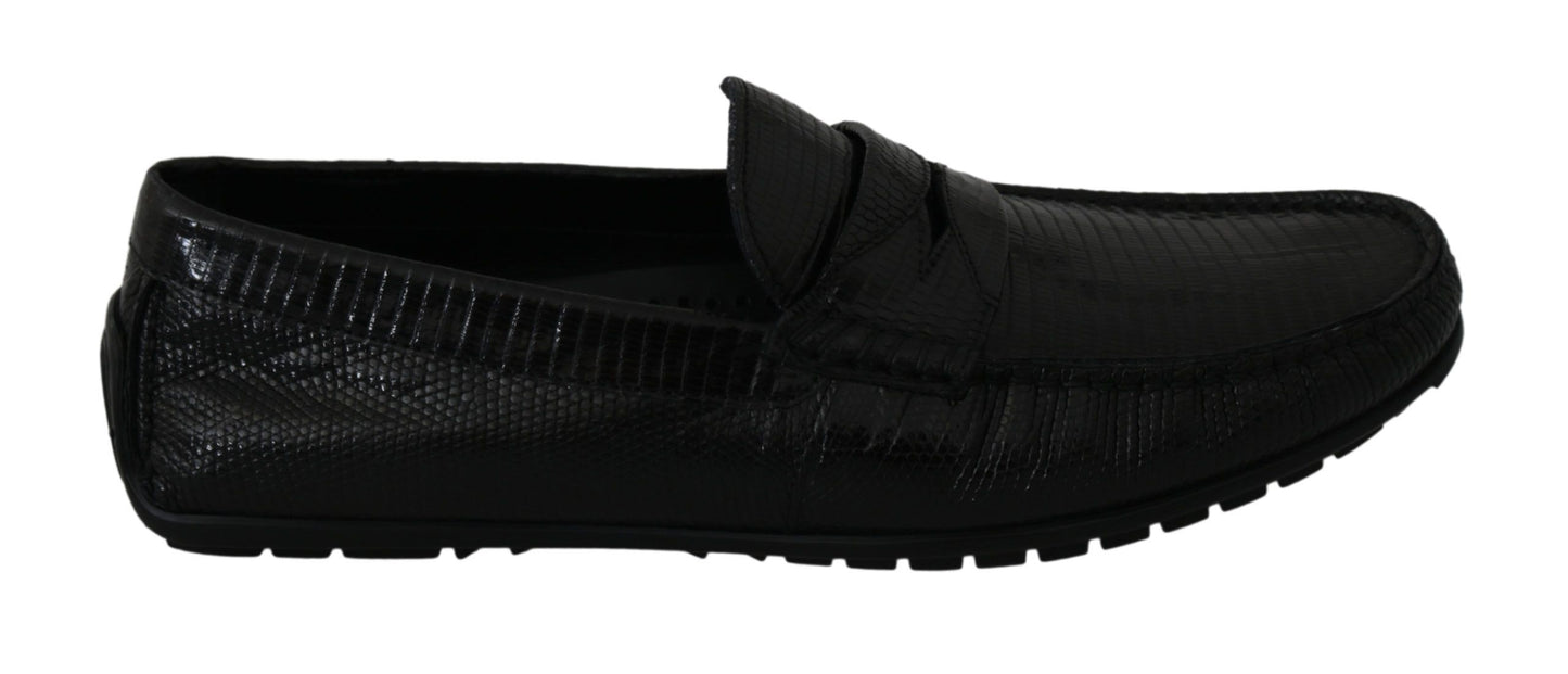 Dolce &amp; Gabbana Black Lizard Leather Flat Loafers Shoes