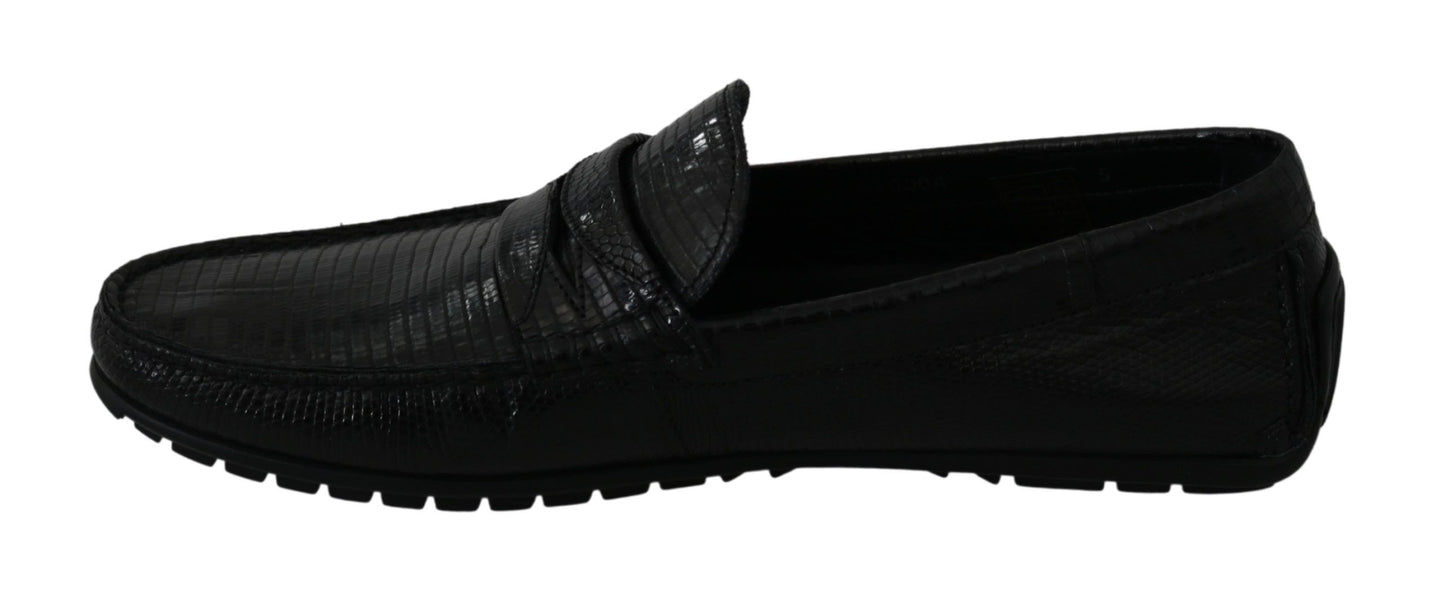 Dolce &amp; Gabbana Black Lizard Leather Flat Loafers Shoes