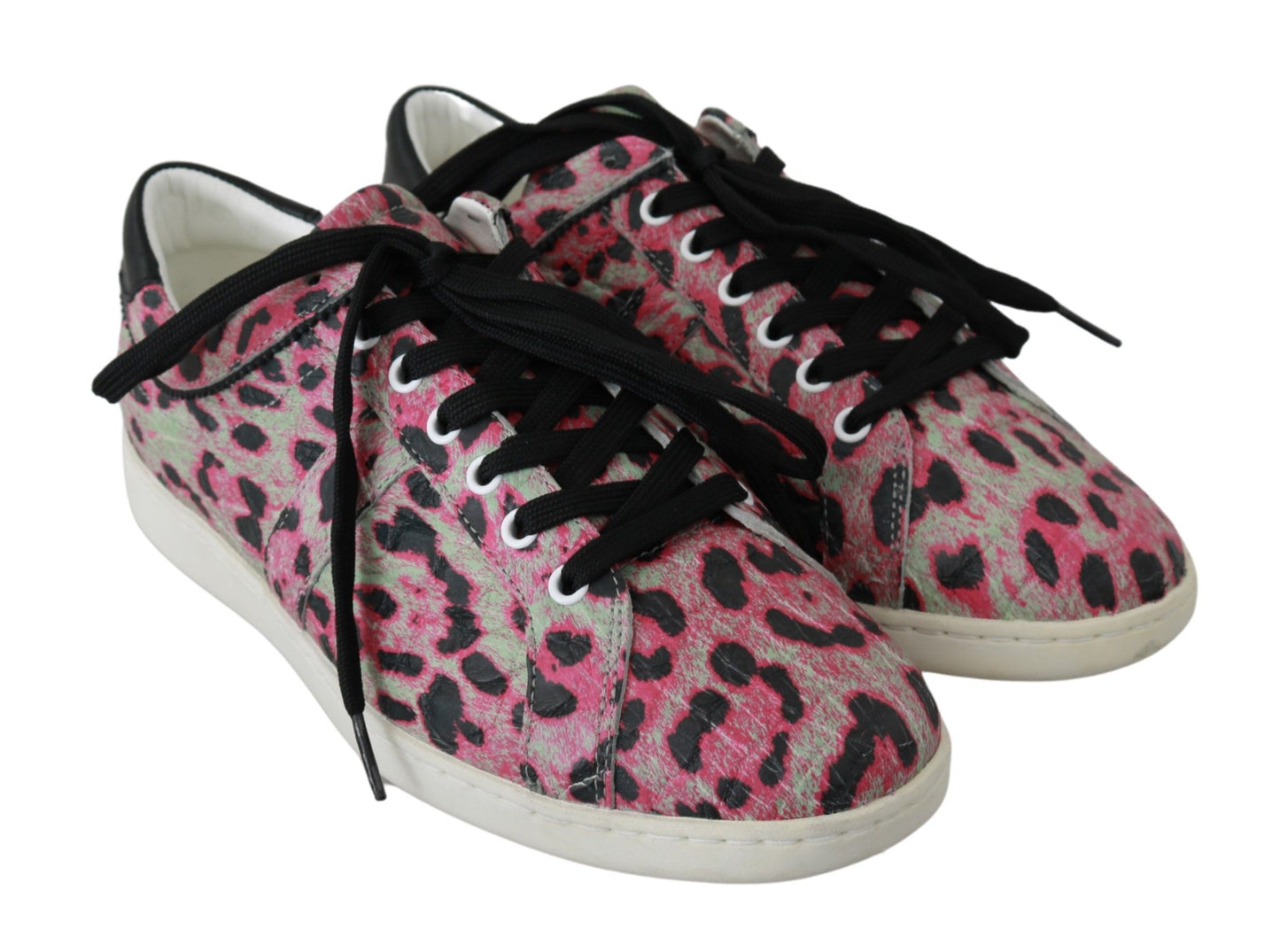 Dolce &amp; Gabbana Rosafarbene, flache Trainings-Sneaker aus Leder mit Leopardenmuster