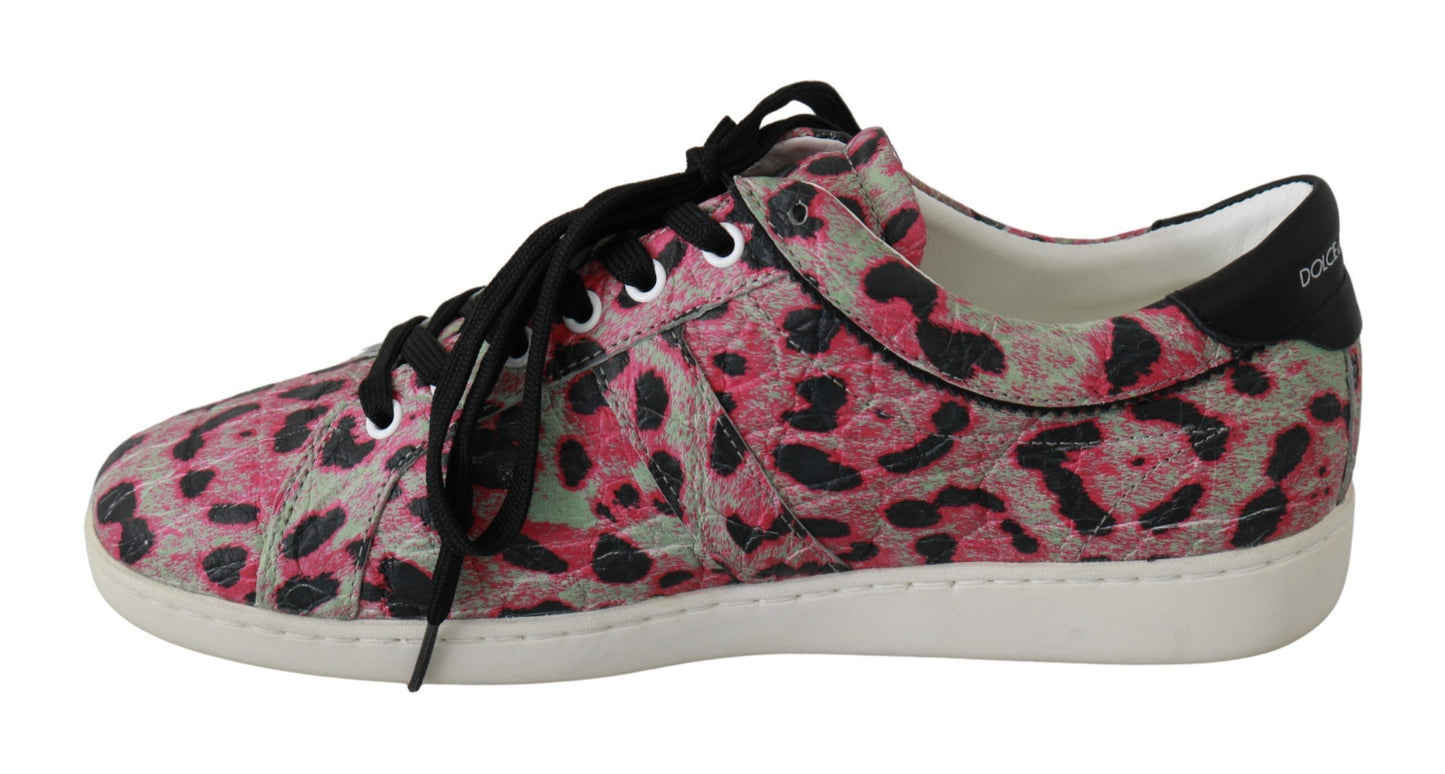 Dolce &amp; Gabbana Rosafarbene, flache Trainings-Sneaker aus Leder mit Leopardenmuster