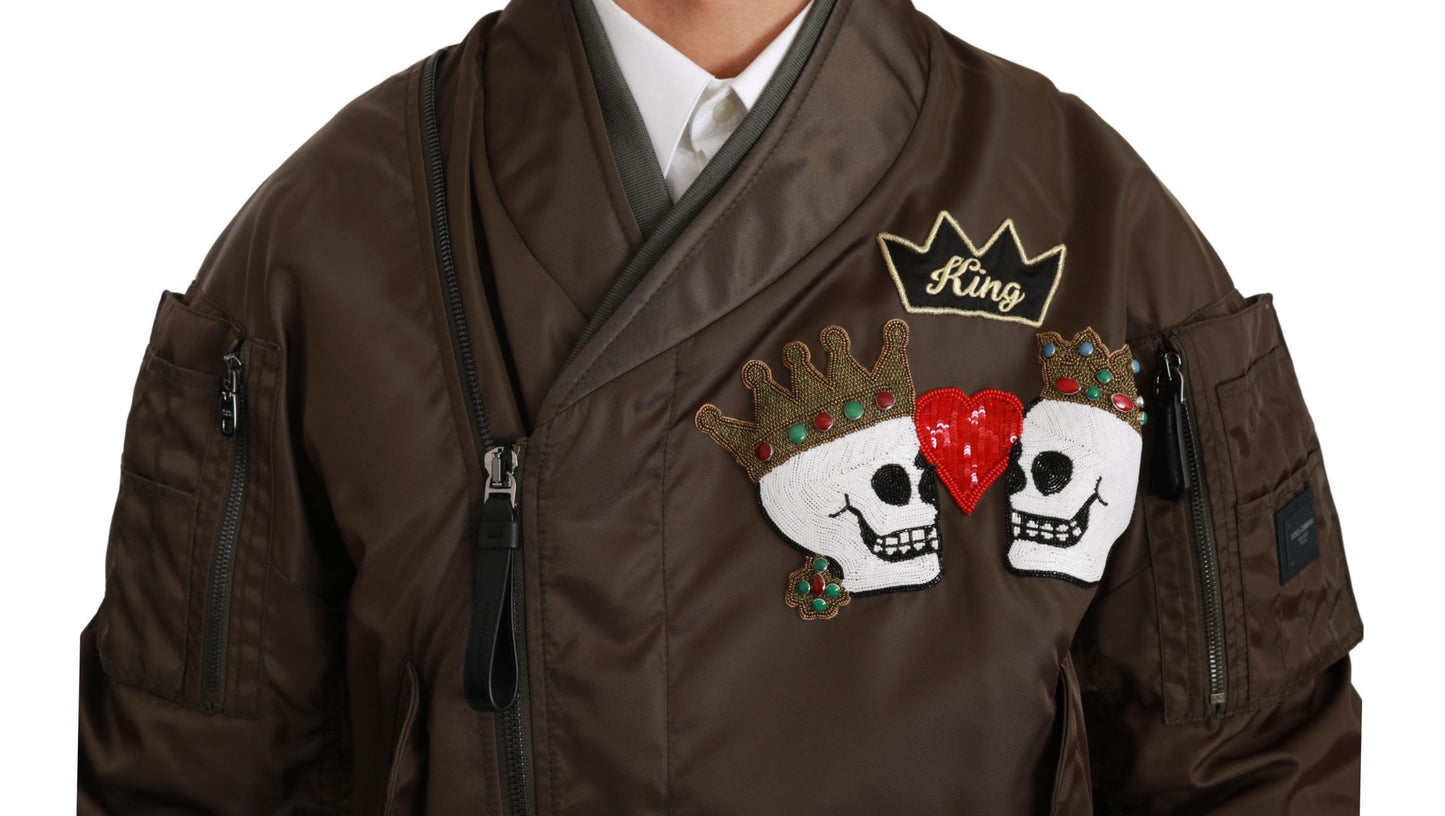 Dolce &amp; Gabbana Brown Beaded Crown Skull Logo Jacket