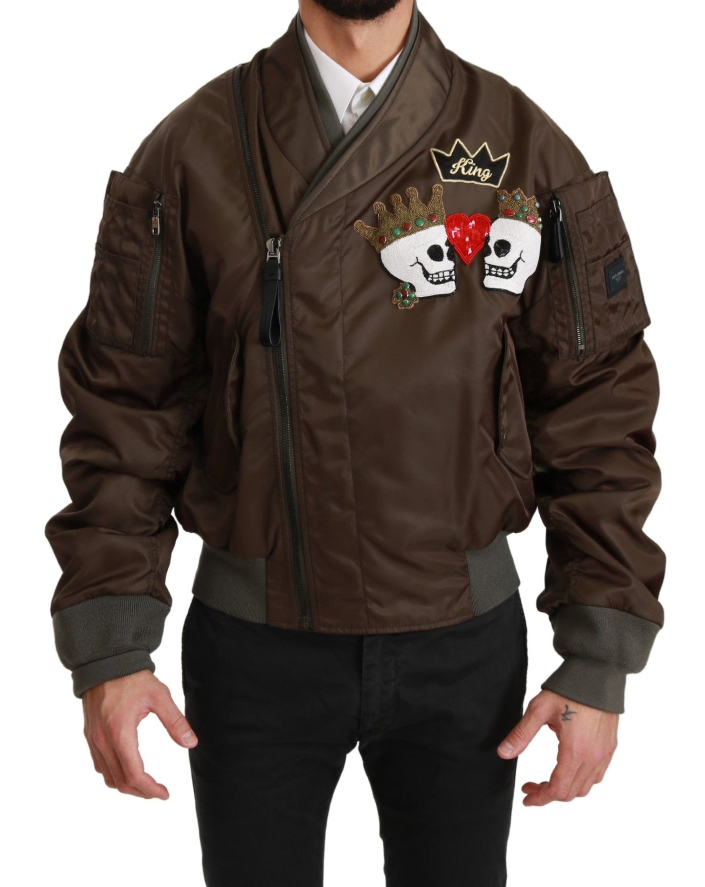 Dolce &amp; Gabbana Brown Beaded Crown Skull Logo Jacket