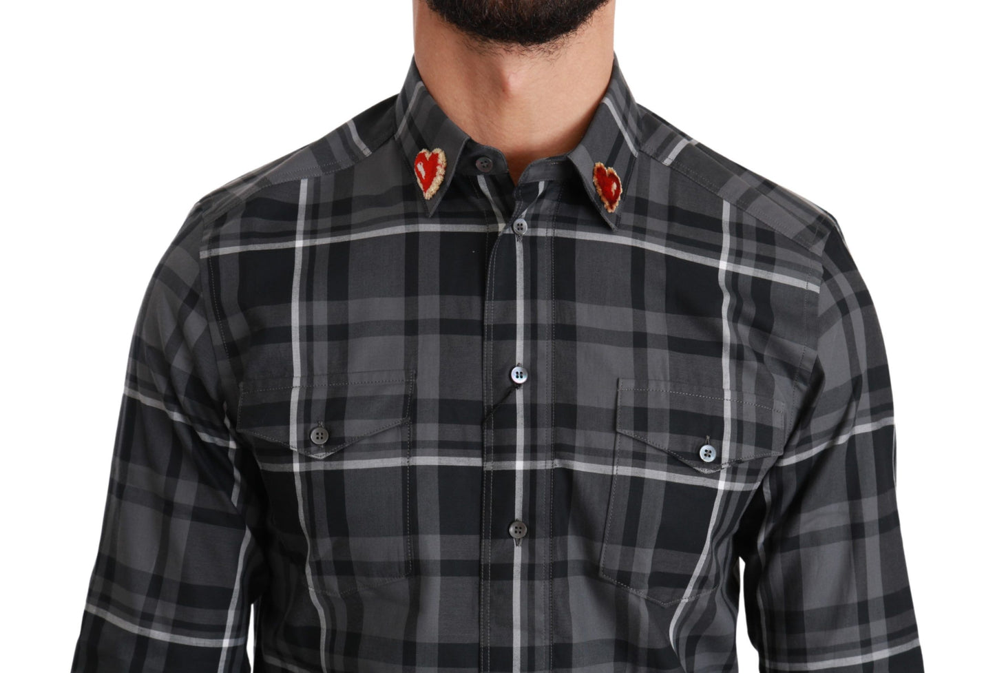 Dolce &amp; Gabbana Grey Checkered Heart Collar MARTINI Shirt