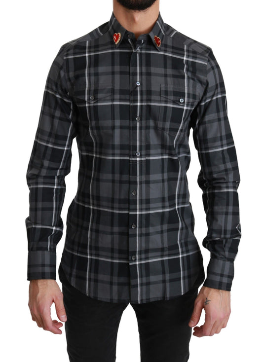 Dolce &amp; Gabbana Grey Checkered Heart Collar MARTINI Shirt