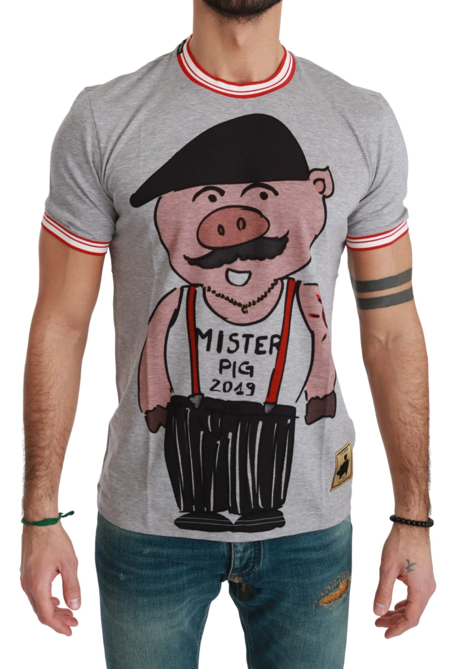 Dolce &amp; Gabbana Graues Baumwolloberteil 2019 Jahr des Schweins T-Shirt