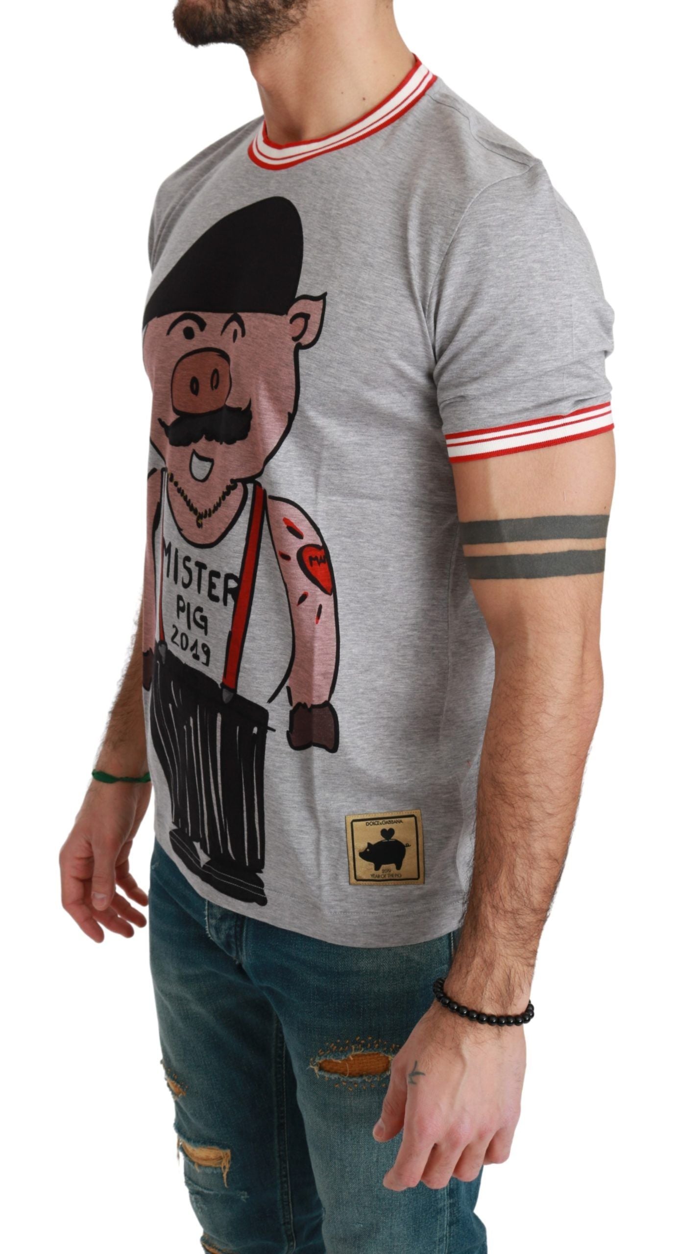 Dolce &amp; Gabbana Graues Baumwolloberteil 2019 Jahr des Schweins T-Shirt