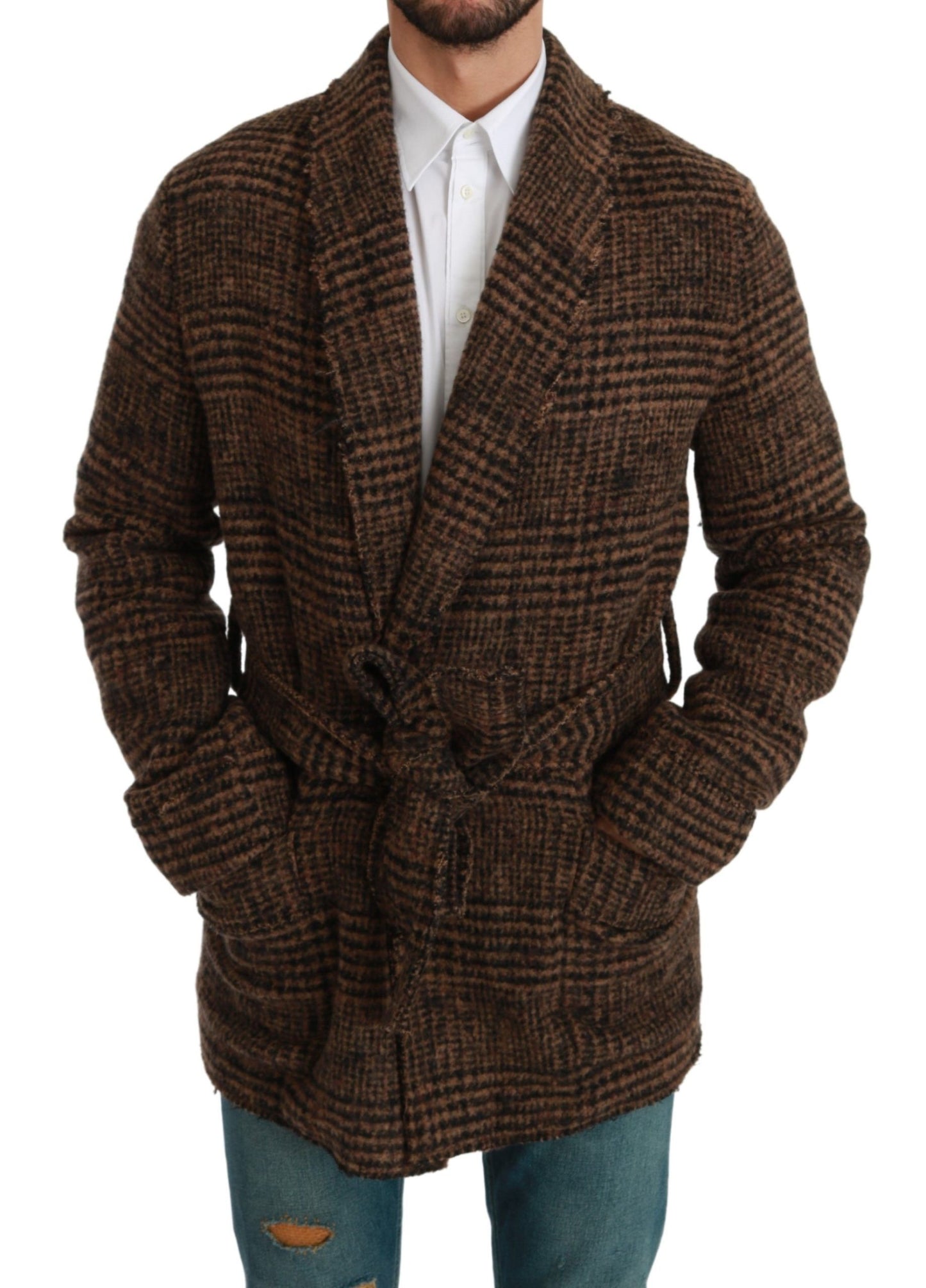 Dolce &amp; Gabbana Brown Checkered Wool Robe Coat Wrap Jacket