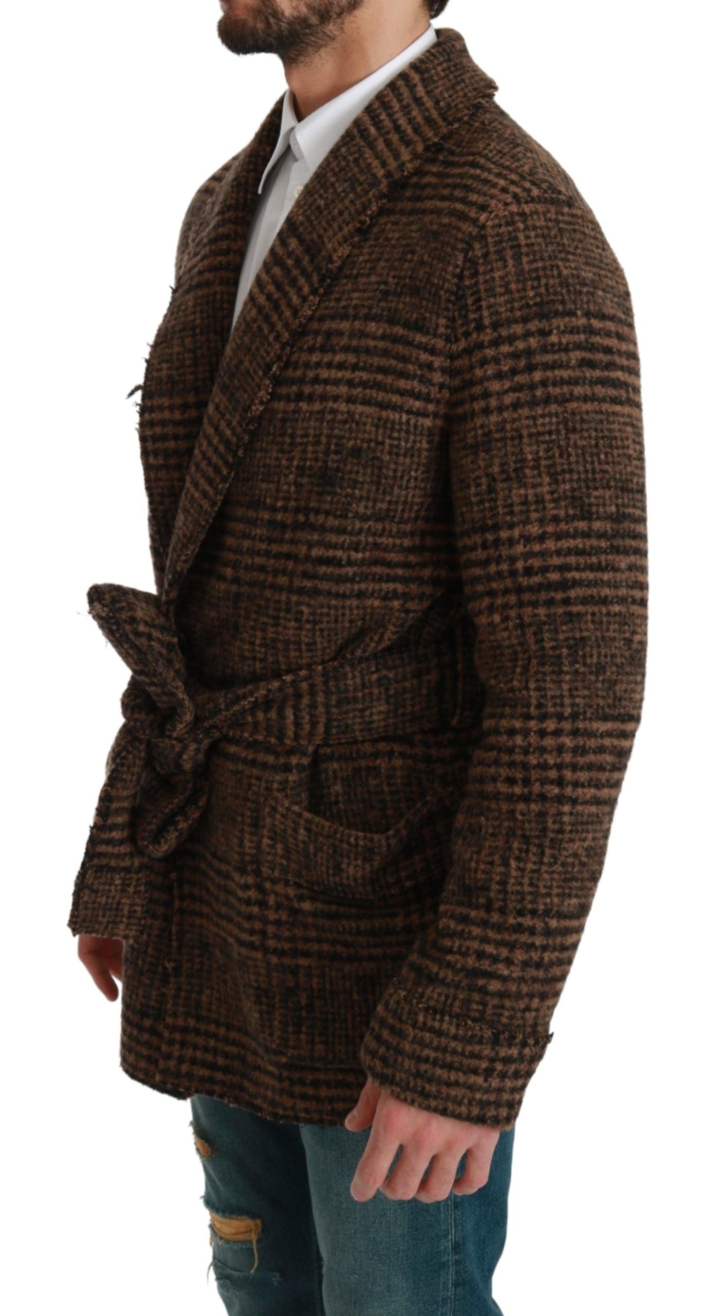 Dolce &amp; Gabbana Brown Checkered Wool Robe Coat Wrap Jacket