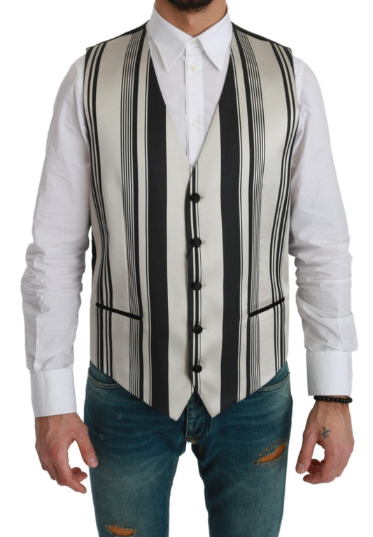 Dolce &amp; Gabbana White Black Stripes Waistcoat Formal Vest