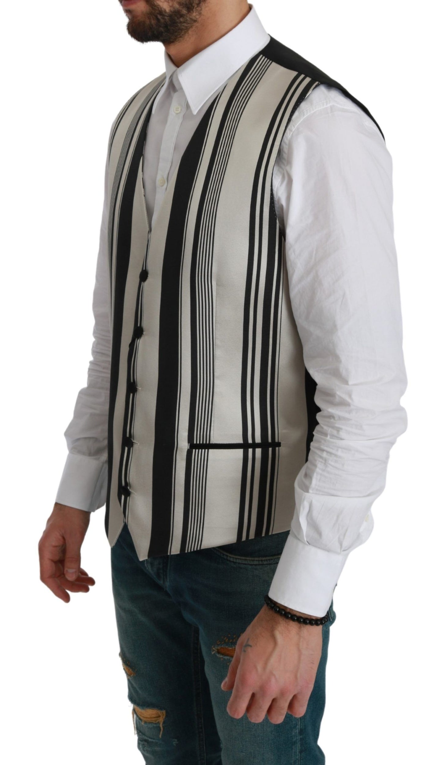 Dolce &amp; Gabbana White Black Stripes Waistcoat Formal Vest