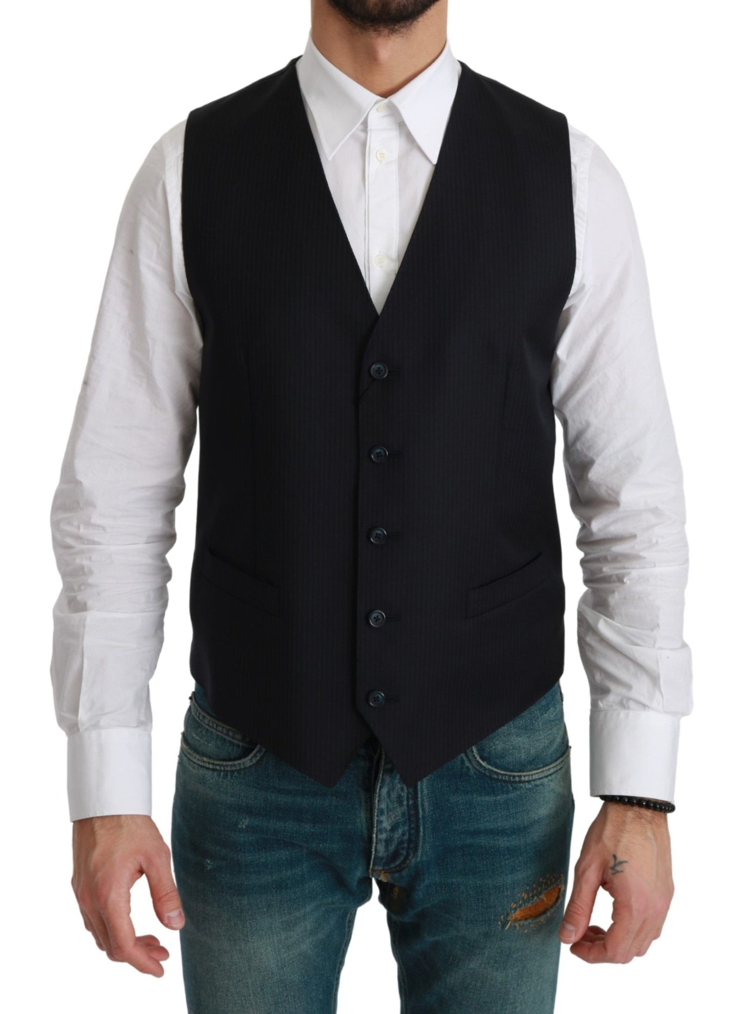 Dolce &amp; Gabbana Blue Waistcoat Formal Stretch Wool Vest