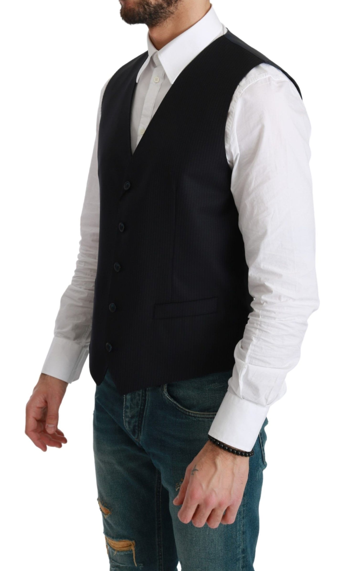 Dolce &amp; Gabbana Blue Waistcoat Formal Stretch Wool Vest