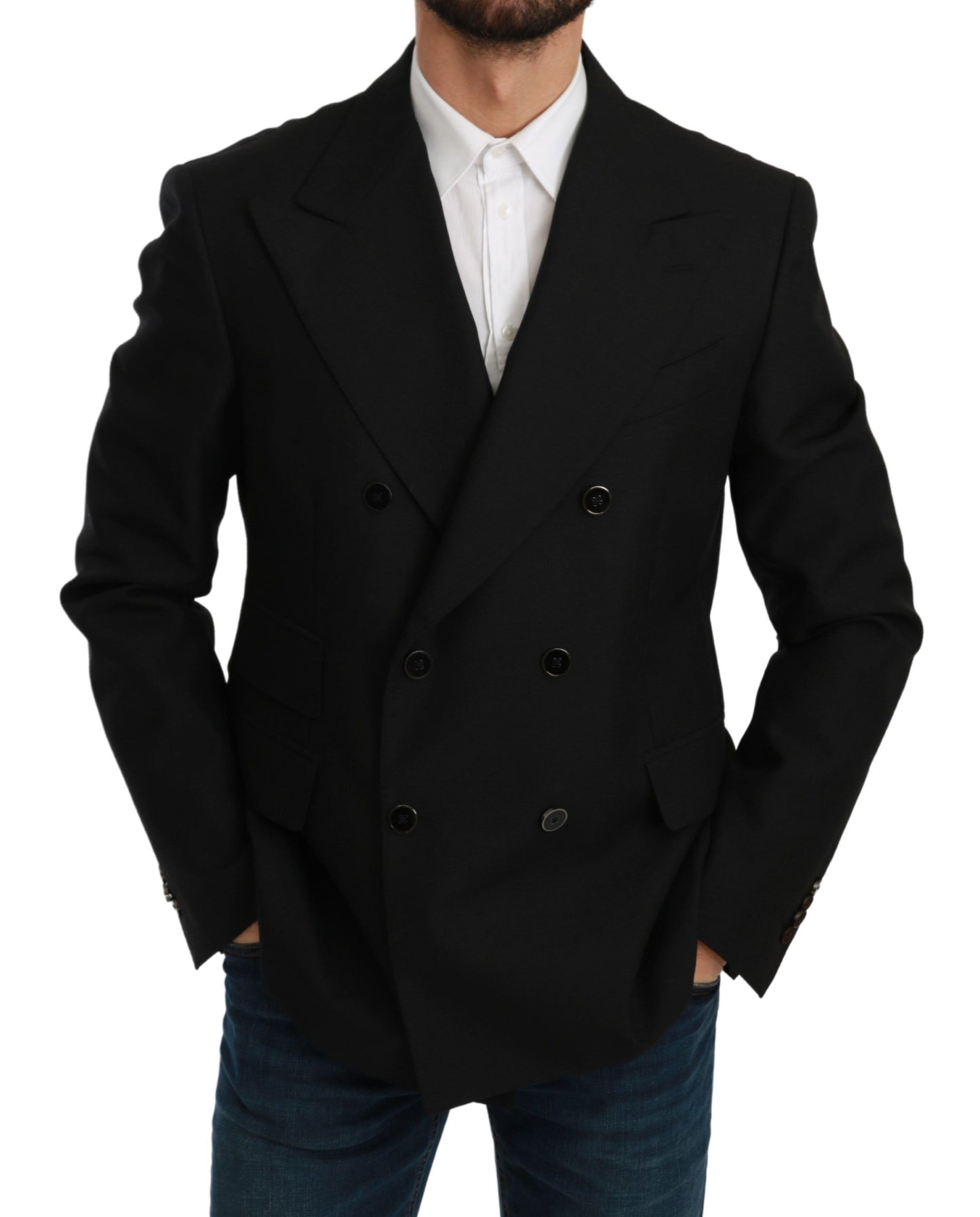 Dolce &amp; Gabbana Schwarzer Slim-Fit-Jackenmantel-Wollblazer