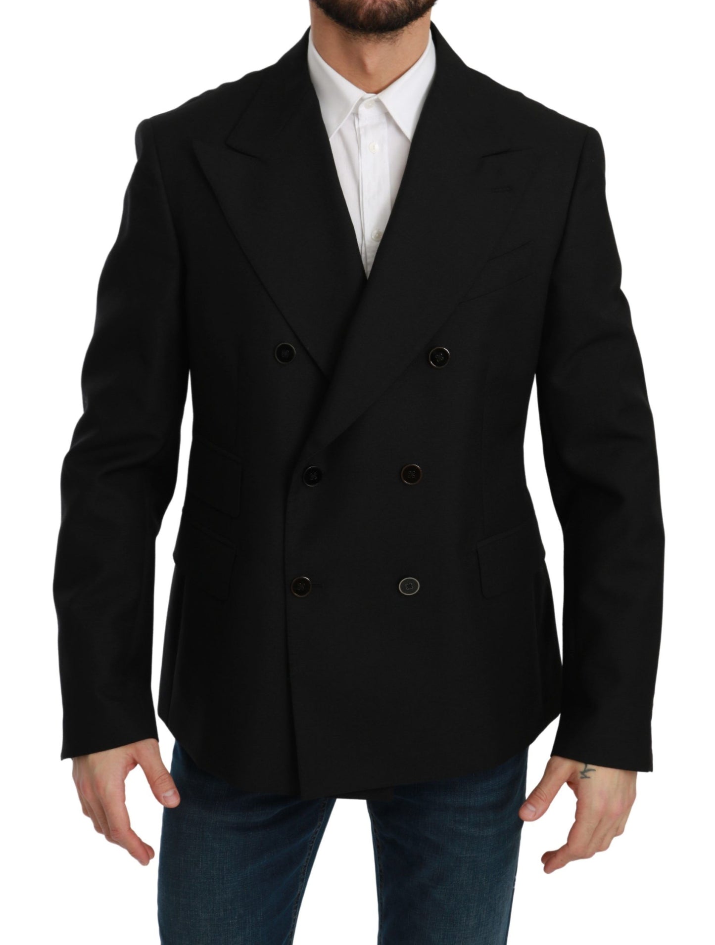 Dolce &amp; Gabbana Schwarzer Slim-Fit-Jackenmantel-Wollblazer