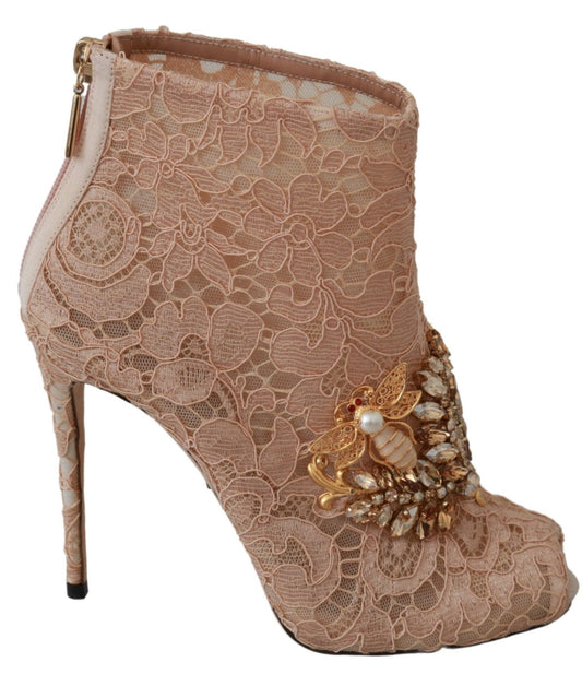 Dolce &amp; Gabbana Pink Crystal Lace Booties Stiletto Shoes