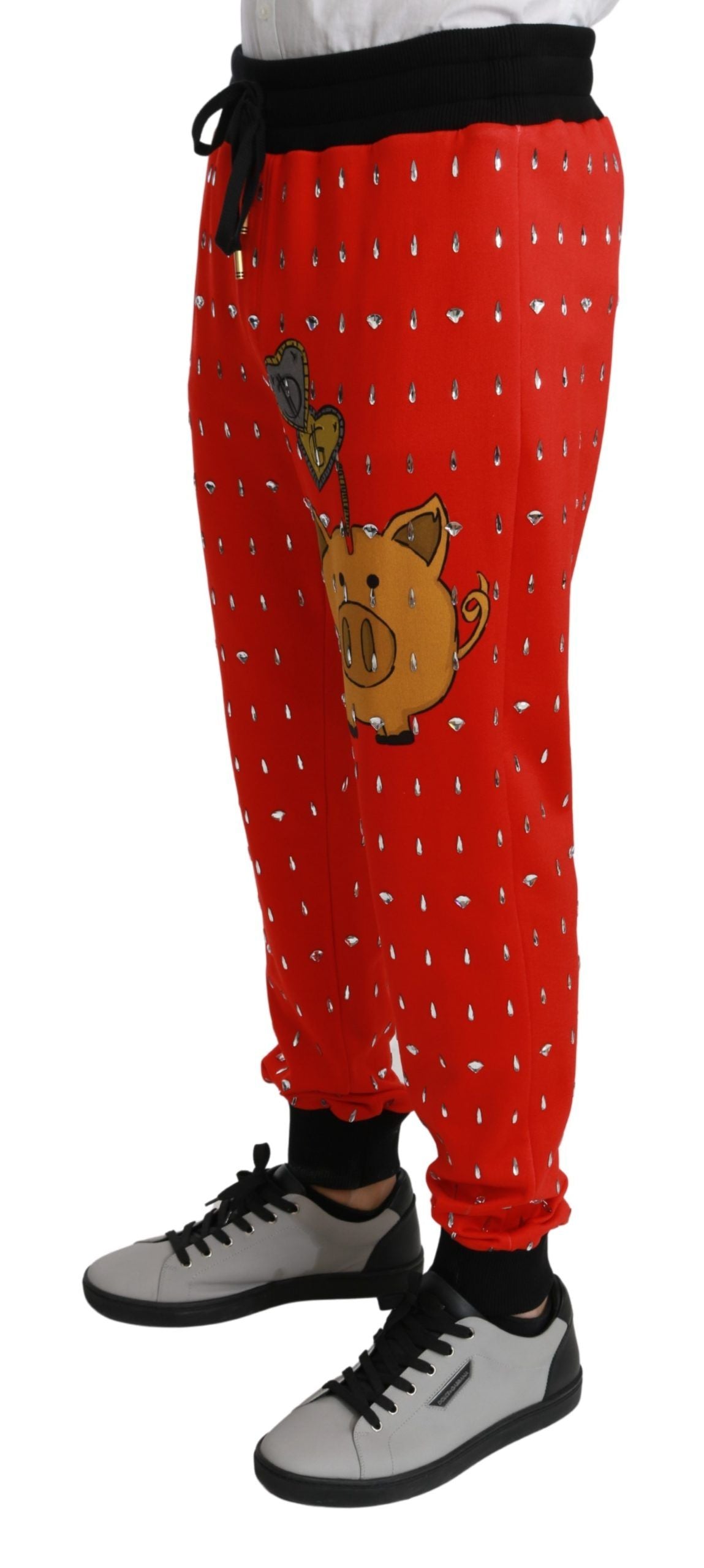 Dolce &amp; Gabbana Red Piggy Bank Cotton Crystal Trousers Pants