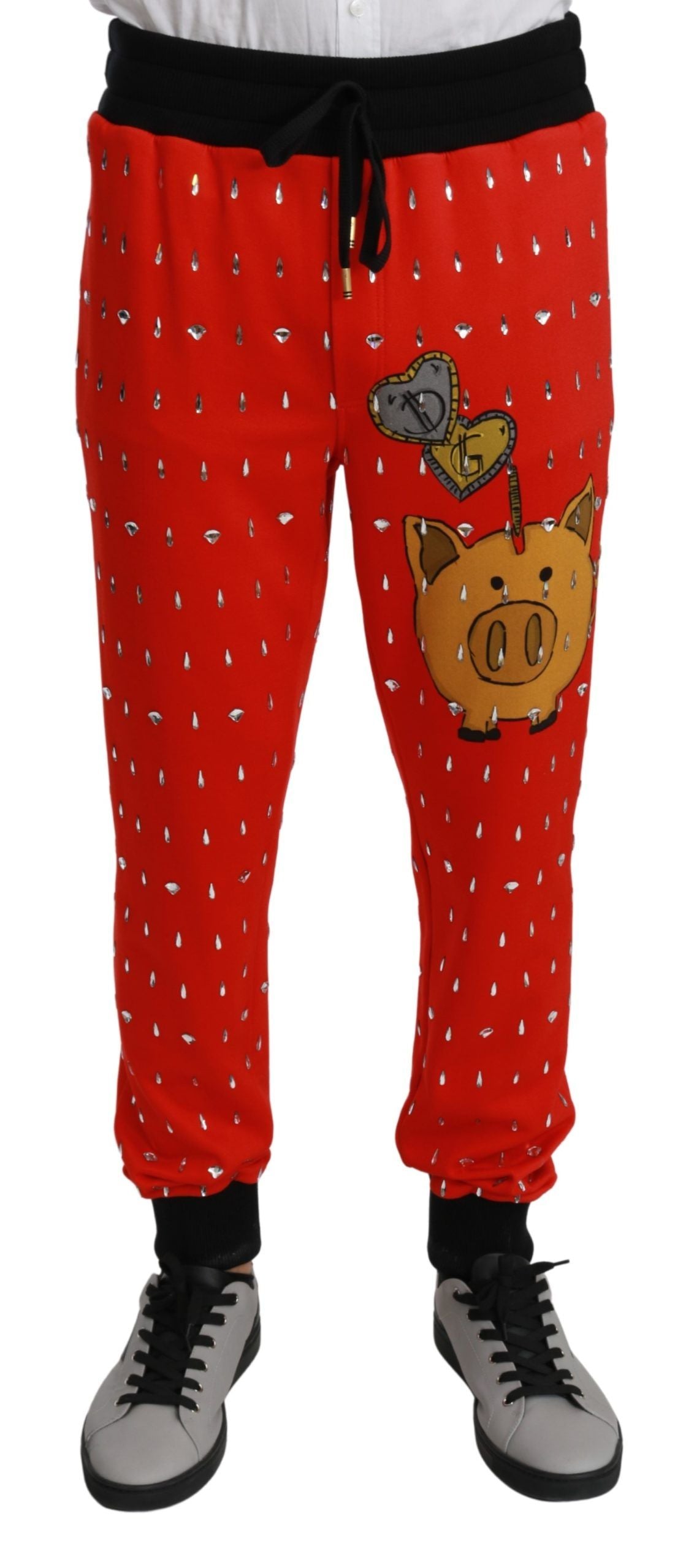 Dolce &amp; Gabbana Red Piggy Bank Cotton Crystal Trousers Pants