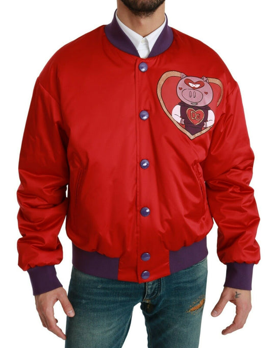 Dolce & Gabbana Vibrant Red Bomber Jacket with Multicolor Motif