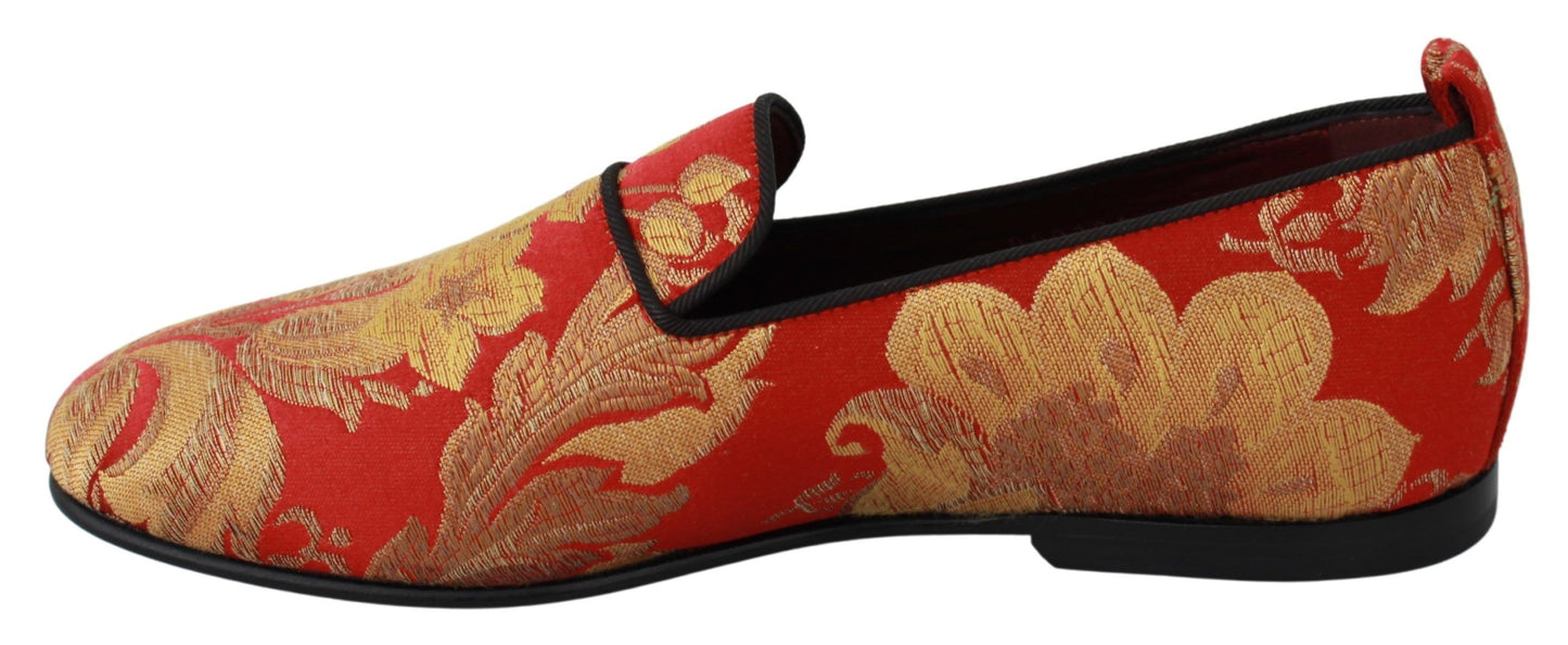 Dolce &amp; Gabbana Red Gold Brocade Slippers Loafers Shoes