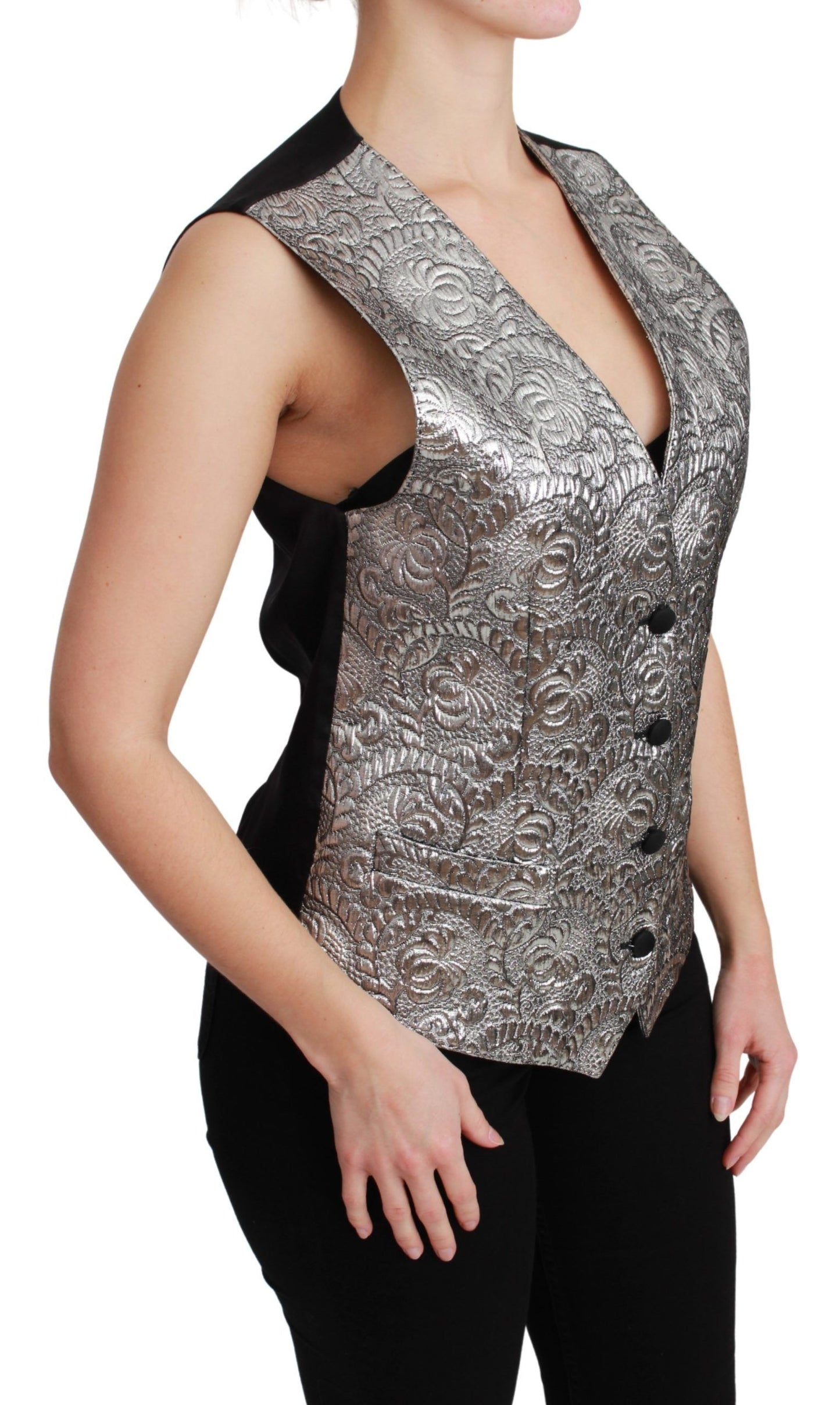 Dolce &amp; Gabbana Silver Brocade na Walang Sleeveless Metallic Top