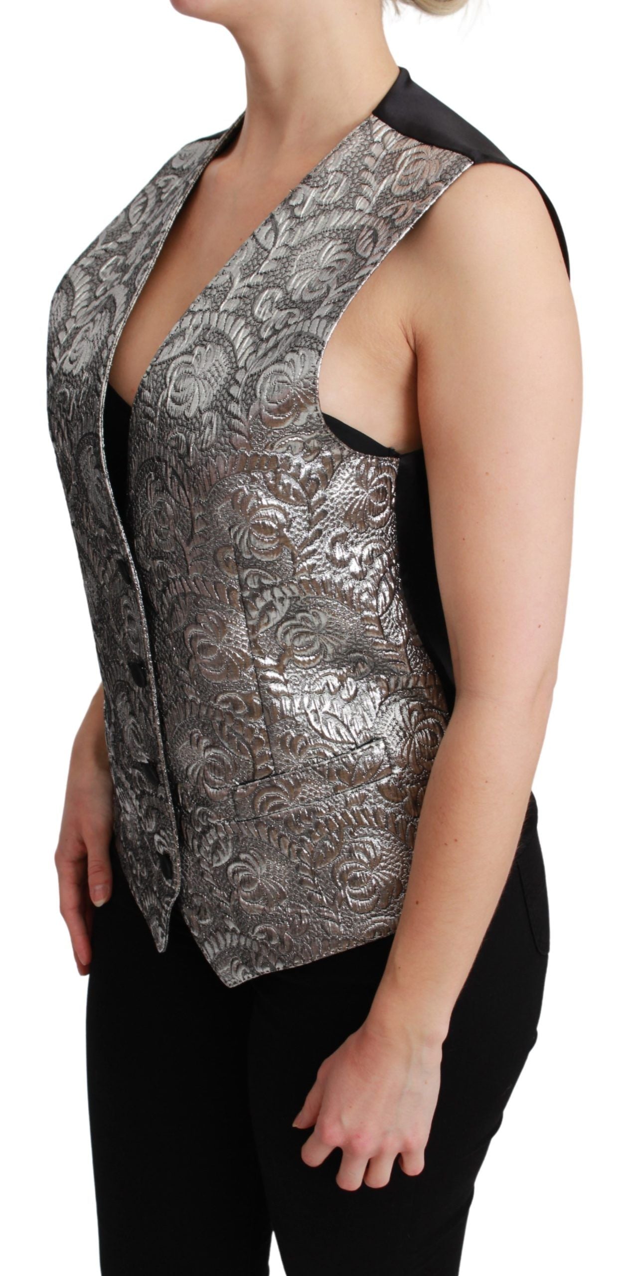 Dolce &amp; Gabbana Silver Brocade na Walang Sleeveless Metallic Top