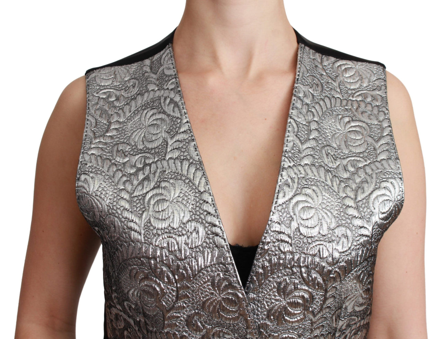 Dolce &amp; Gabbana Silver Brocade na Walang Sleeveless Metallic Top