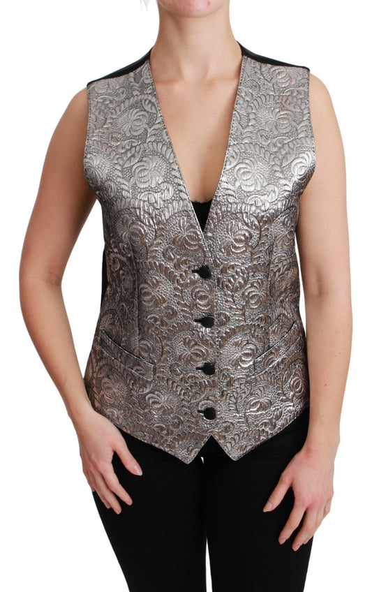 Dolce &amp; Gabbana Silver Brocade na Walang Sleeveless Metallic Top