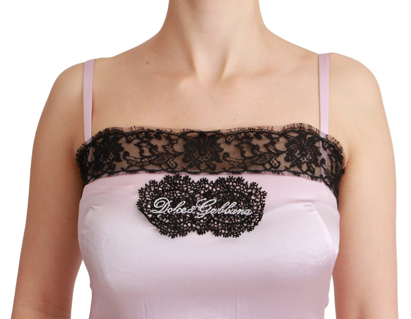 Dolce &amp; Gabbana Seidenoberteil mit schwarzer Spitze und rosa Tankbluse