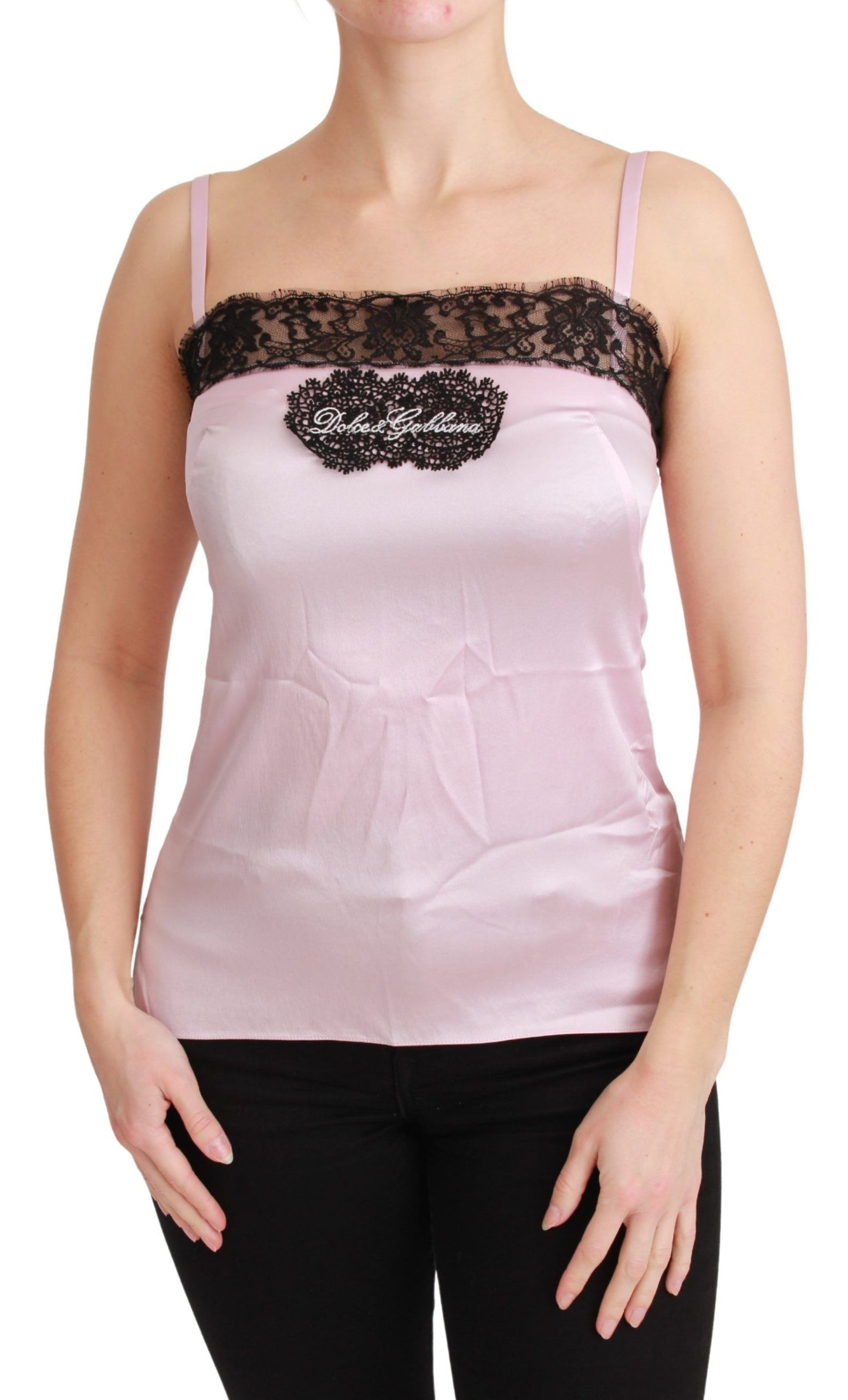 Dolce &amp; Gabbana Silk Black Lace Top Pink Tank Blouse