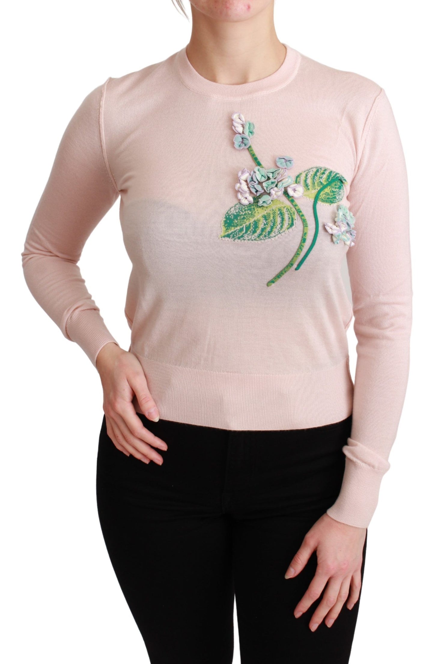 Dolce &amp; Gabbana Pink Floral Silk Cashmere Pullover Sweater