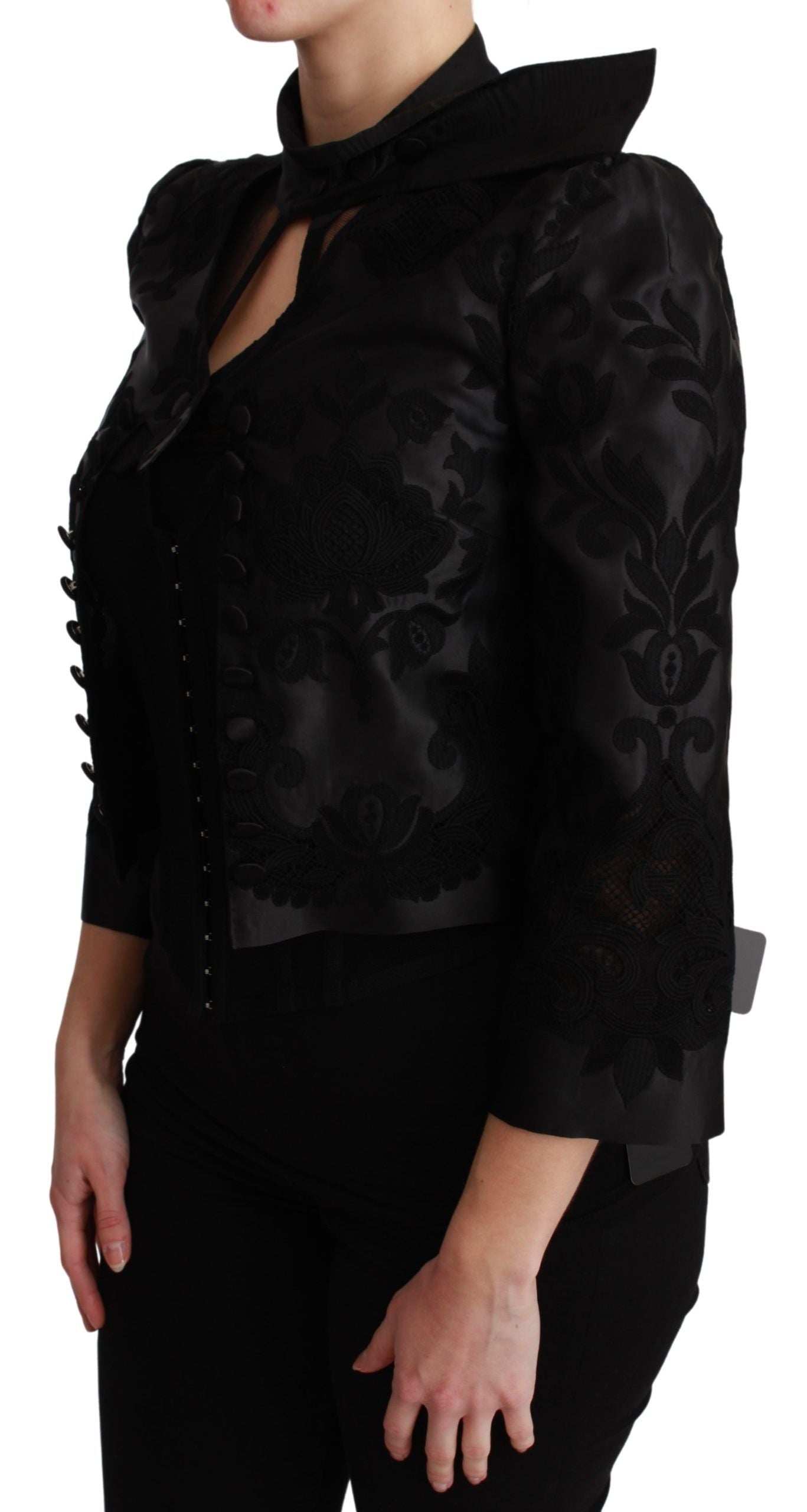 Dolce &amp; Gabbana Schwarze Seidenjacke mit Jacquard-Blazer und Blumenmuster