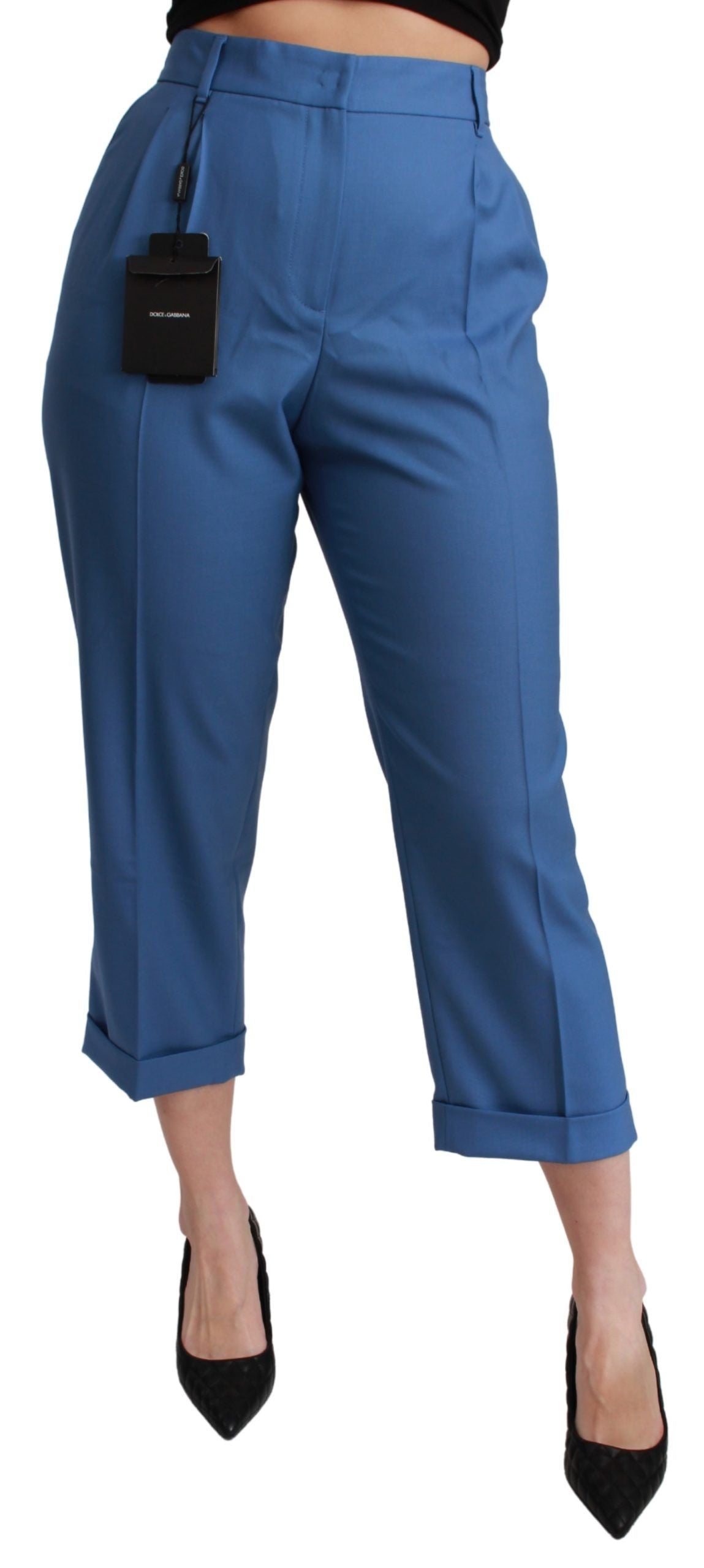 Dolce &amp; Gabbana Blue Pleated Wool Cuffed Cropped Trouser Pants