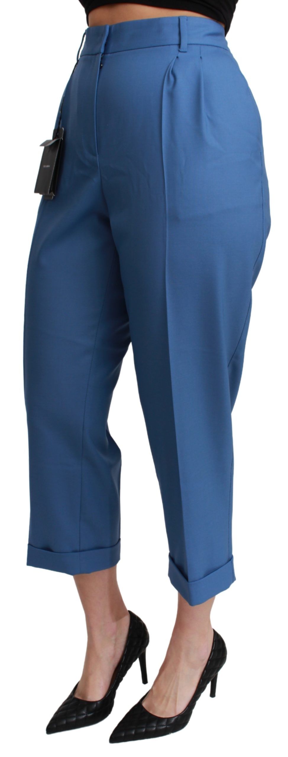 Dolce &amp; Gabbana Blue Pleated Wool Cuffed Cropped Trouser Pants