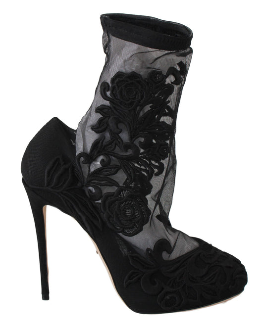 Dolce &amp; Gabbana Black Roses Stiletos Booties Socks Shoes